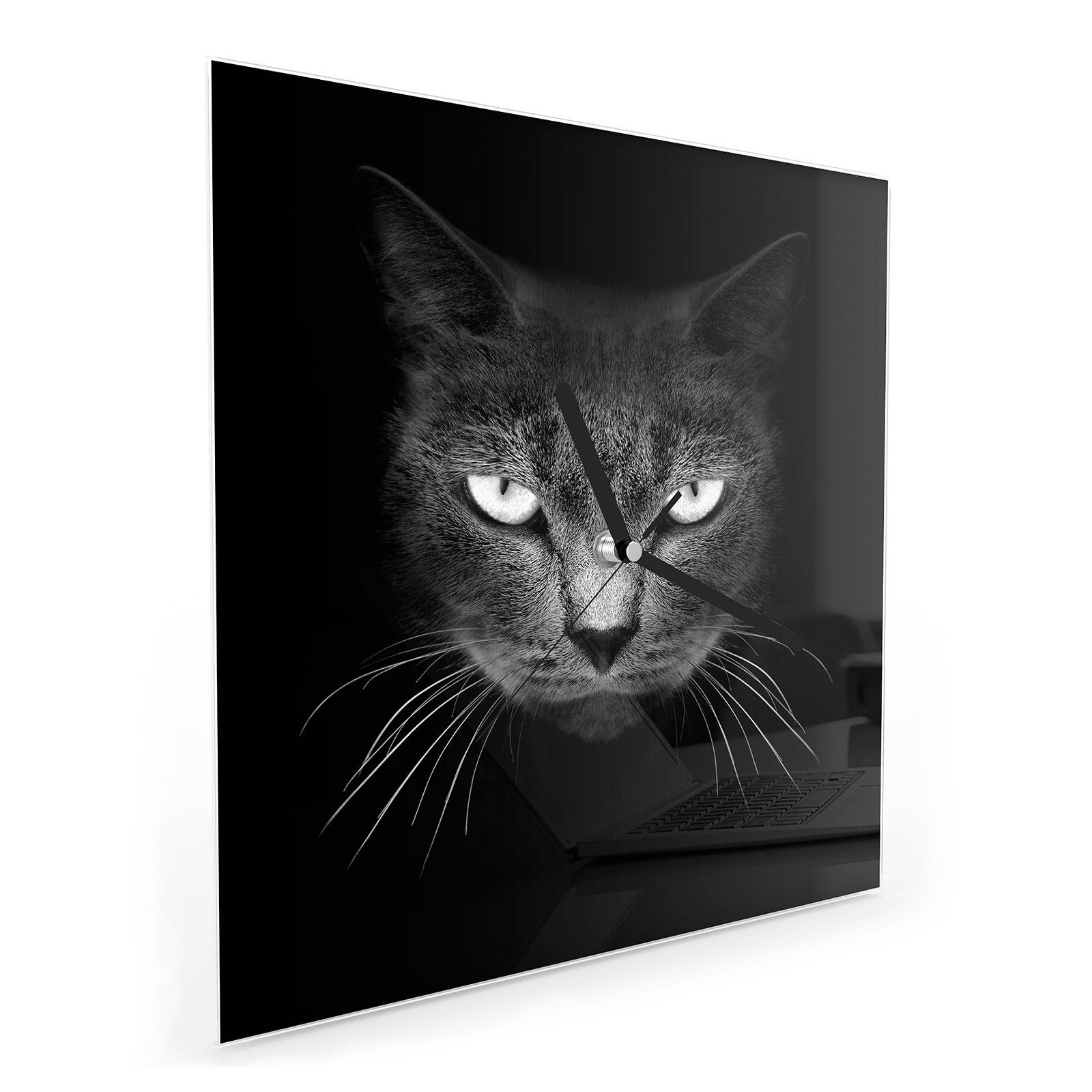 cm 30 mit nah Wanduhr x 30 Glasuhr Wanduhr Motiv Größe Katzenkopf Schwarzer Primedeco Wandkunst