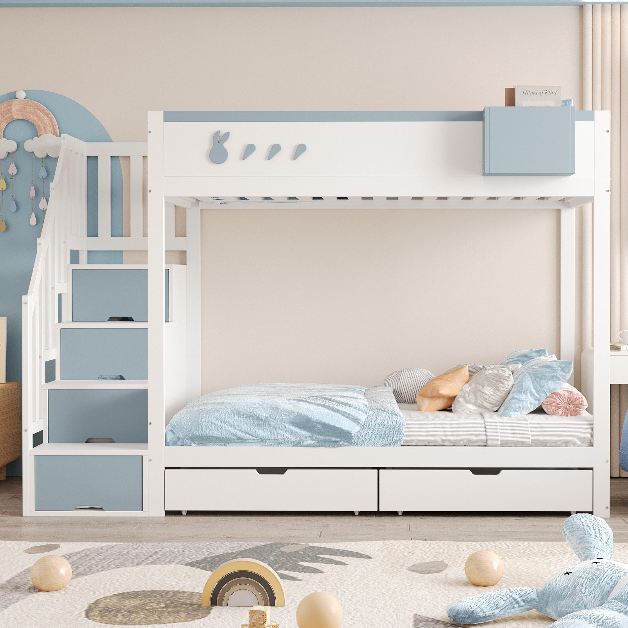 Flieks Etagenbett, Kinderbett 90x200cm mit 2 Schubladen, Stauraumtreppe, abnehmbarer Box