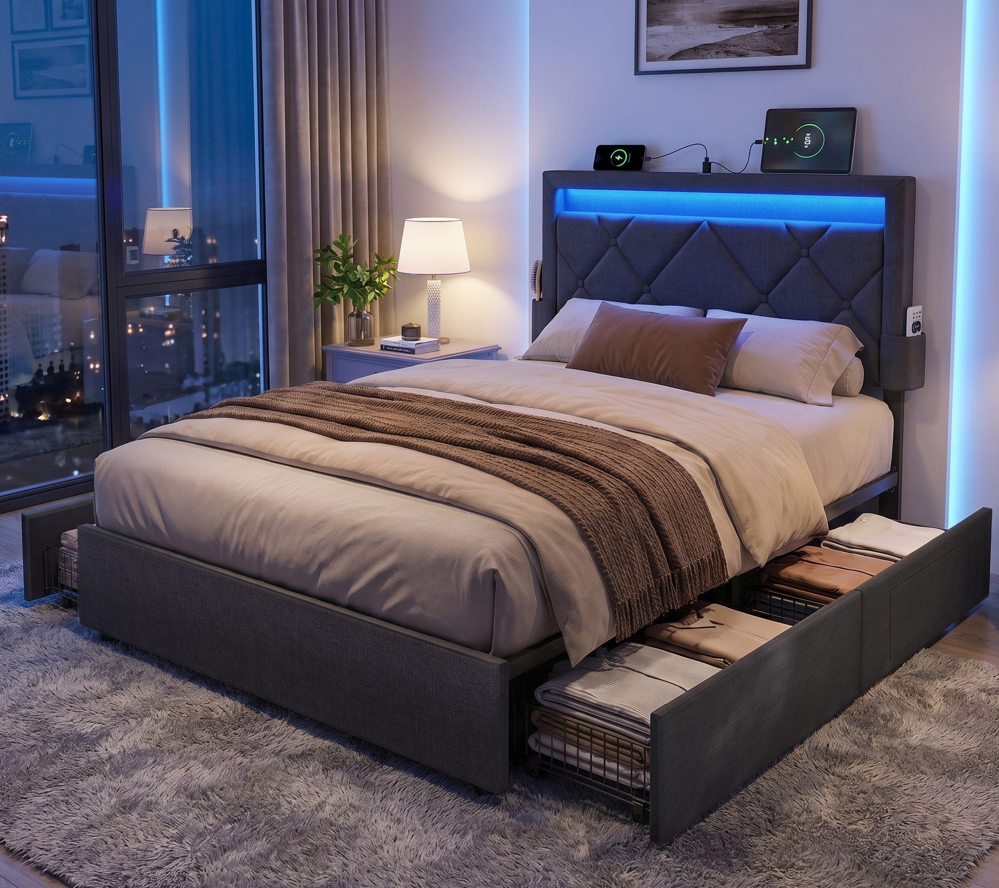 VASAGLE Polsterbett bettgestell, LED (25 Farben), USB-A & USB-C Ladestation, Stauraumbett (90 x 200 cm, 4 Schubladen, verstellbares gepolstertes Kopfteil), Lattenrost inkl., bis 500 kg belastbar, in 4 Größen verfügbar