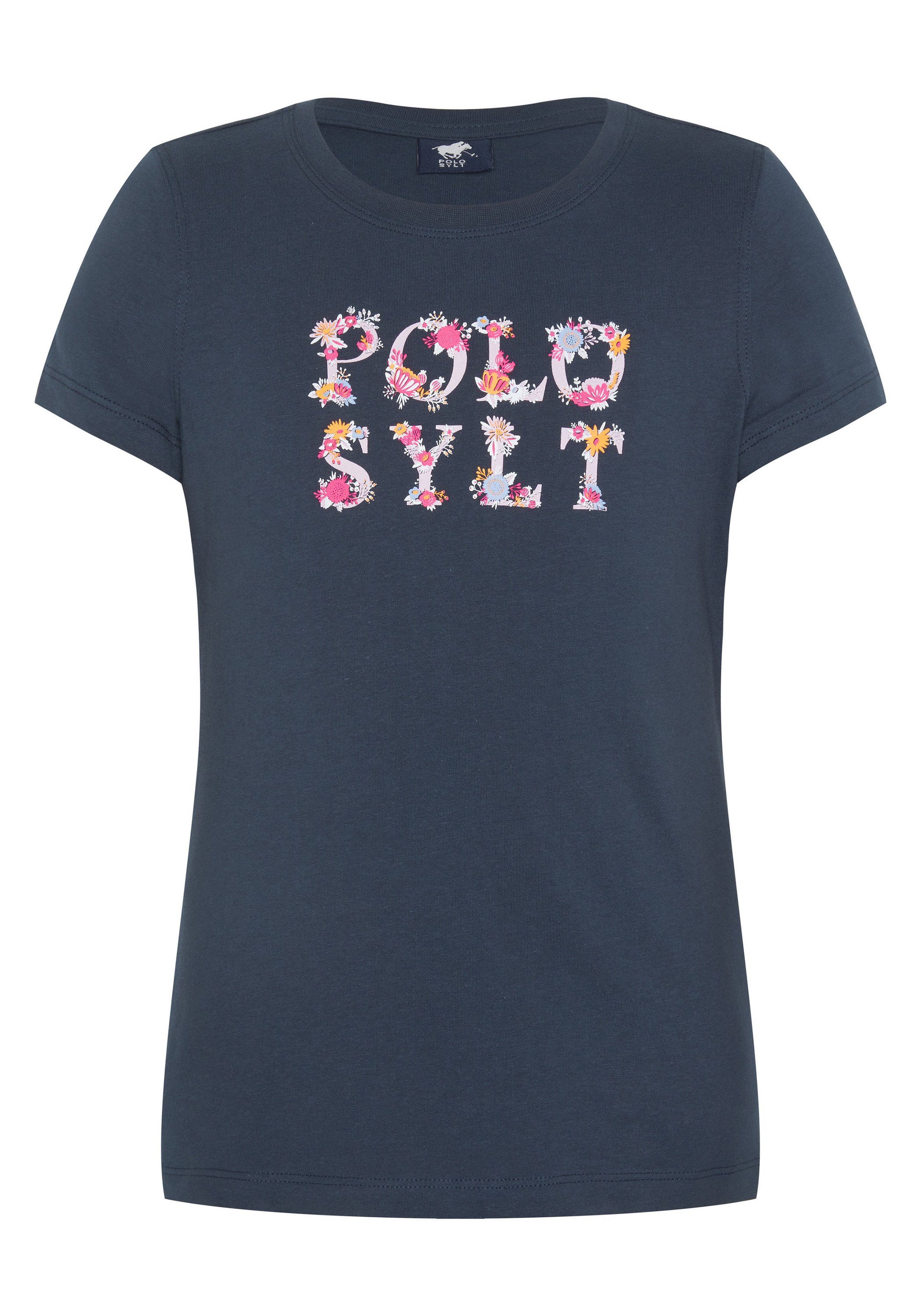 Polo Sylt Print-Shirt mit floralem Logodesign 19-4010 Total Eclipse