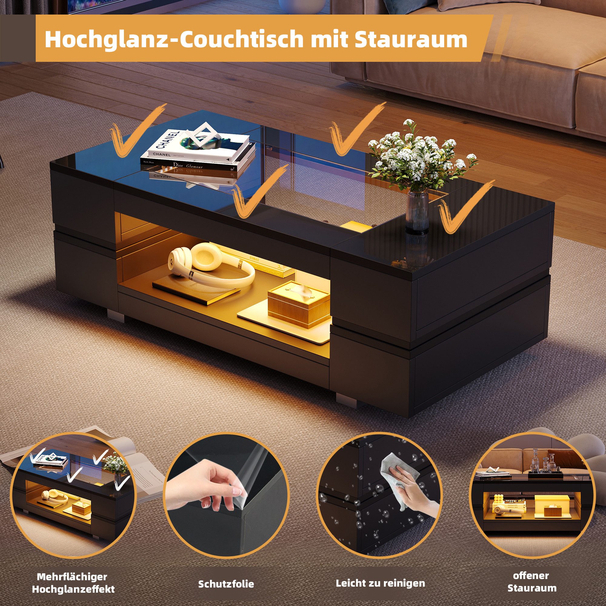 Merax Couchtisch hochglanz Sofatisch Beistelltisch mit LED-Beleuchtung (1-St., 1 Tisch), Wohnzimmertisch mit Stauraum & Glas, 100x50x35cm – Bild 5 von 5