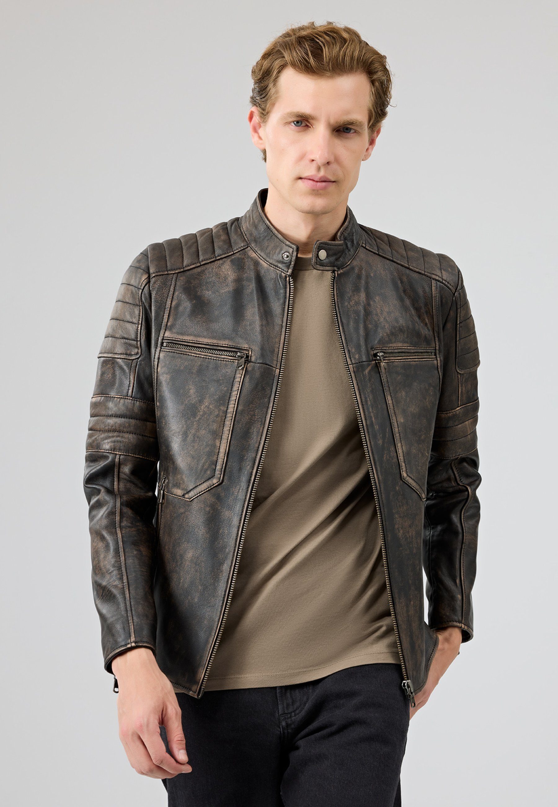 Derimod Lederjacke Morant Vintage Slim-Fit Lederjacke Slim Fit, Reißverschluss, Stehkragen, Kurz, Textilfutter