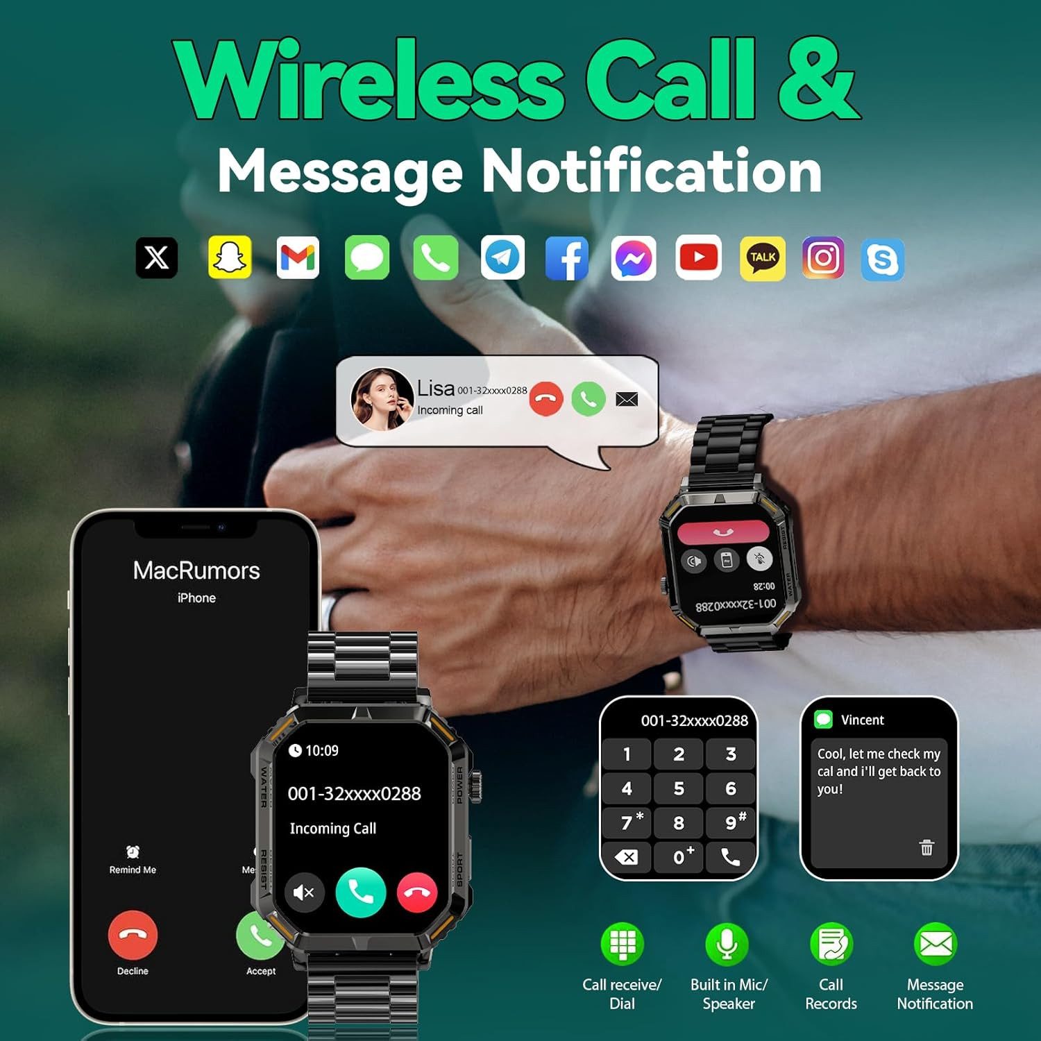 Zevelora Herren's Telefonfunktion HD Display 100+ Sportmodi fitness tracker Smartwatch (1.95 Zoll, Android/iOS), Mit Herzfrequenzfunktion HF, SPO₂, Zählen Sie Schritte, Distanz
