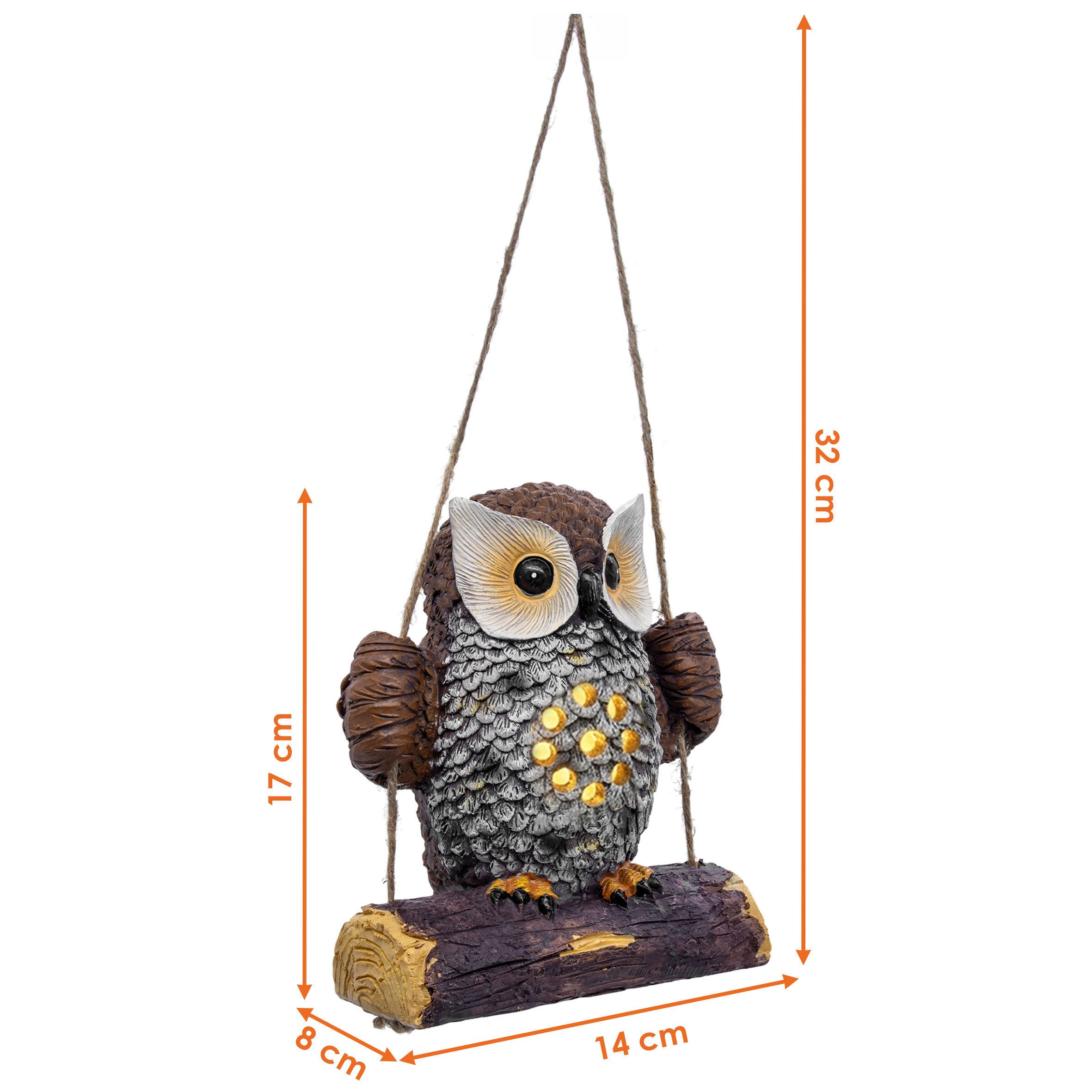 Spetebo LED Dekofigur Solar Gartenfigur Eule auf Schaukel zum Hängen, Einschaltautomatik, LED fest integriert, warm weiß, Eulenfigur warm weiß beleuchtet wasserfest für Außen
