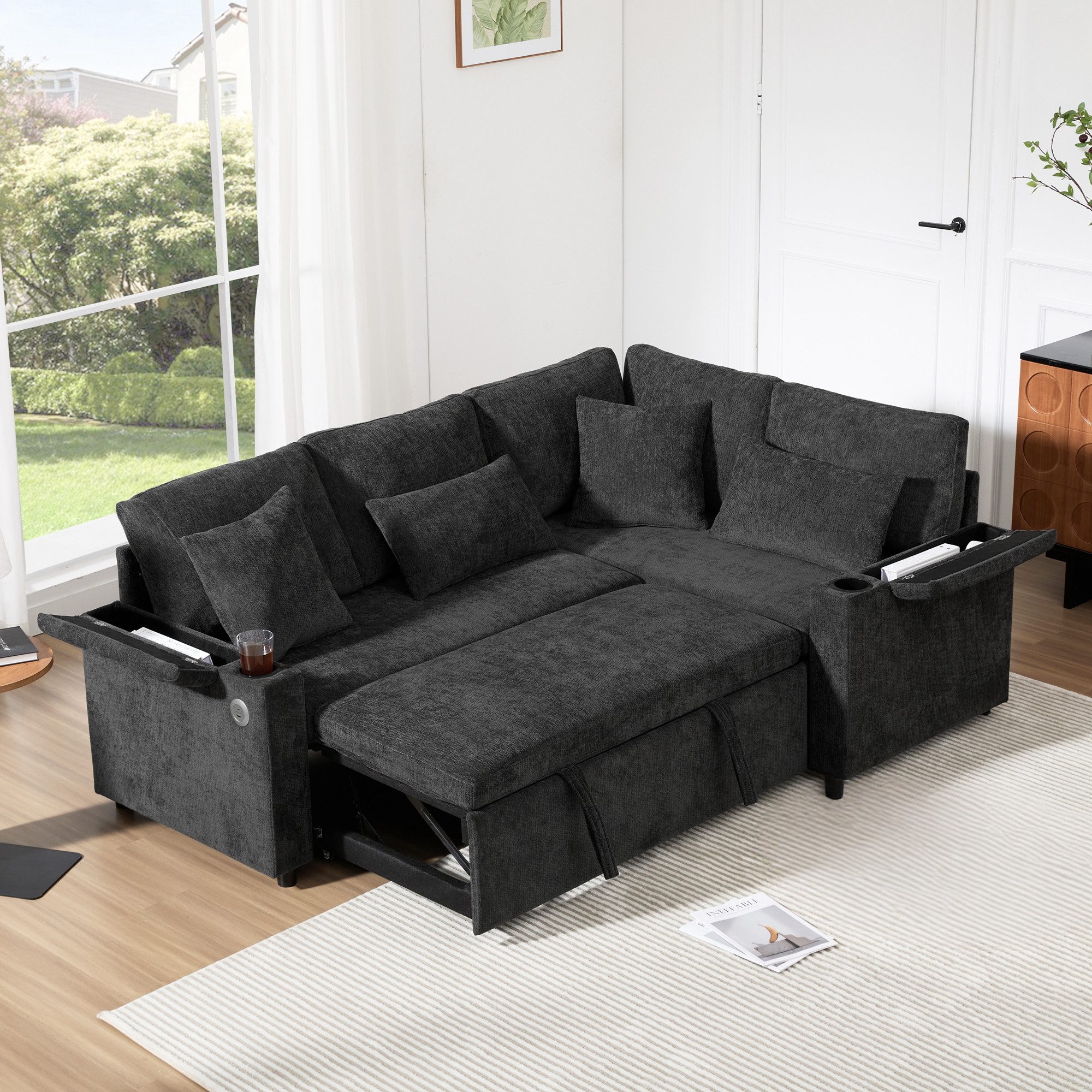Merax Ecksofa L-förmiges ausziehbares Sofa mit USB-Anschluss, Schlafsofa 1 günstig online kaufen