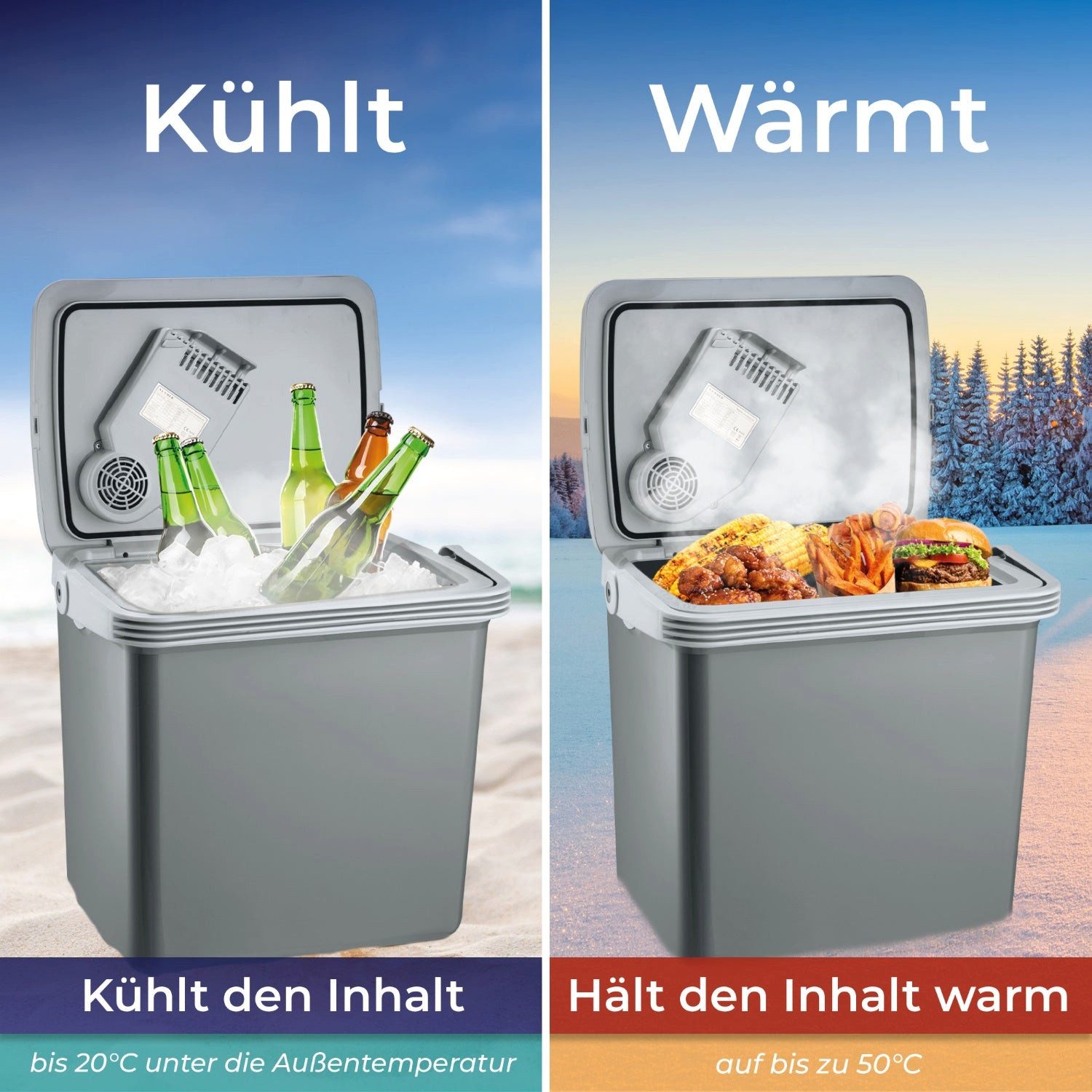 KLAMER Elektrische Kühlbox elektrische Kühlbox mit Kühl- und Warmhaltefunktion, 2 Anschlüsse: 23…, Kühlt stark, Intuitive Bedienung, 2 Kammern, Einfacher Transport