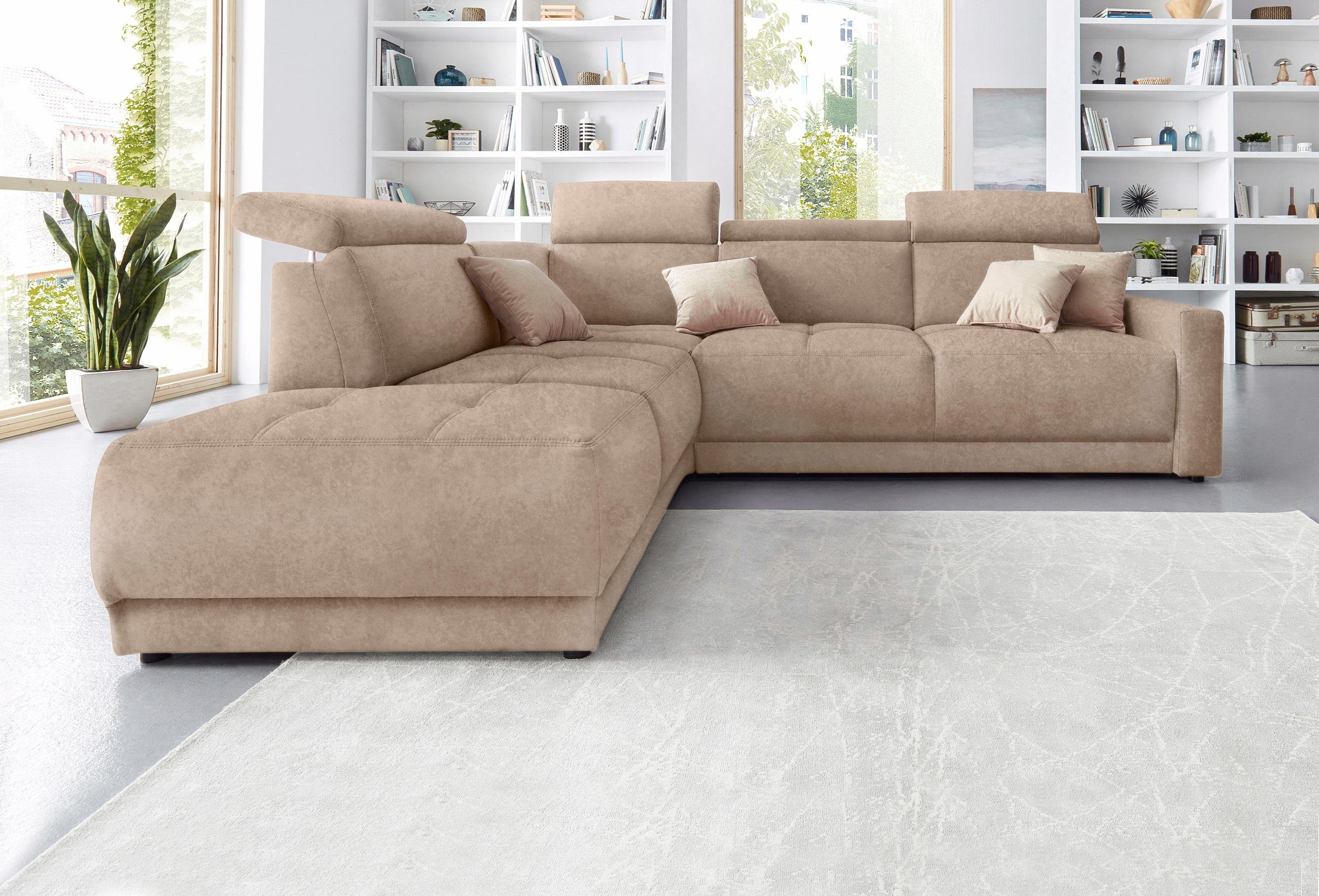 DOMO collection Ecksofa Ava, moderne Sitzheftung mit toller Doppelnaht, komfortabel, L-Form, mit Ottomane, inkl. Federkern, wahlweise mit Kopfteilverstellungen