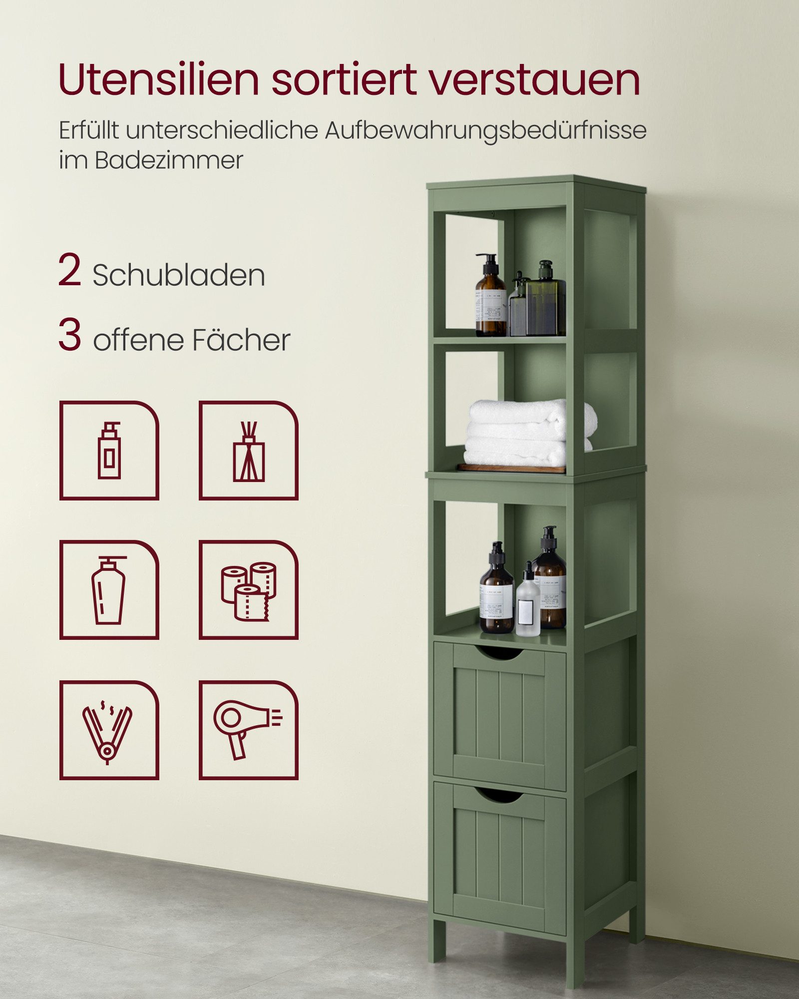 VASAGLE Badkommode Hochschrank Badezimmerschrank, 2 Schubladen, 30 x 30 x 141,5 cm, für Badezimmer, Wohnzimmer, freistehend, modern – Bild 5 von 5