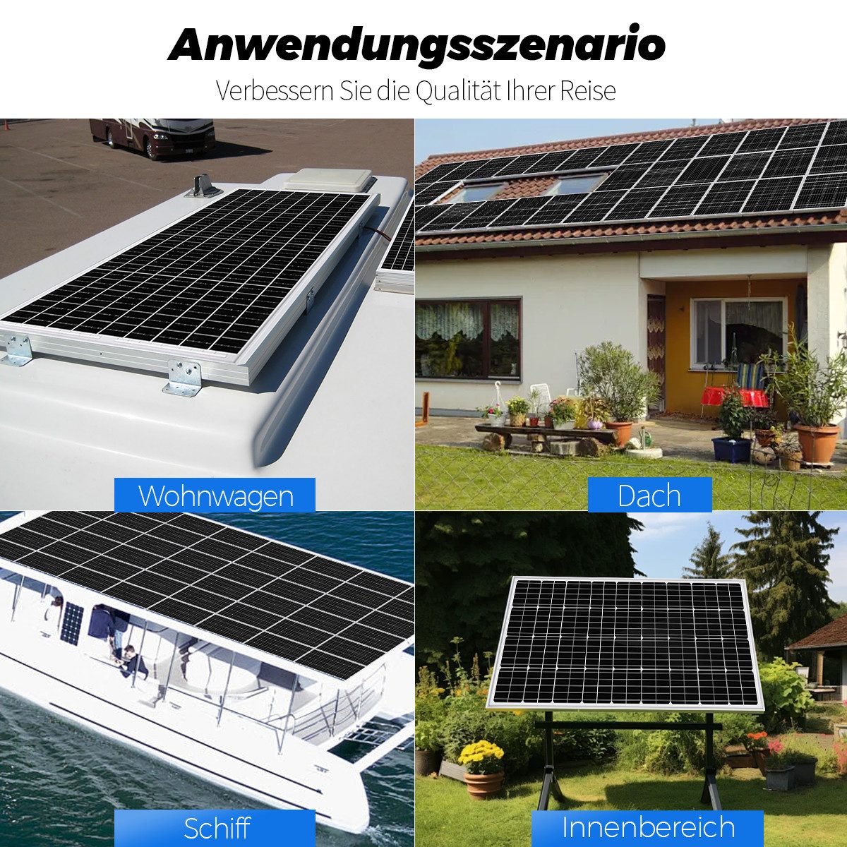Rhein Beleuchtung Solarmodul 150W 12V Solaranlage Set für Wohnmobil & Camping, 150W solarpanel, 150 W, Monokristallin, (Set, 3-St., Mit 40A Laderegler & 3 m Kabel, 12 V Inselanlage), Halbzellen-Technologie, stabile Leistung, hohe Effizienz