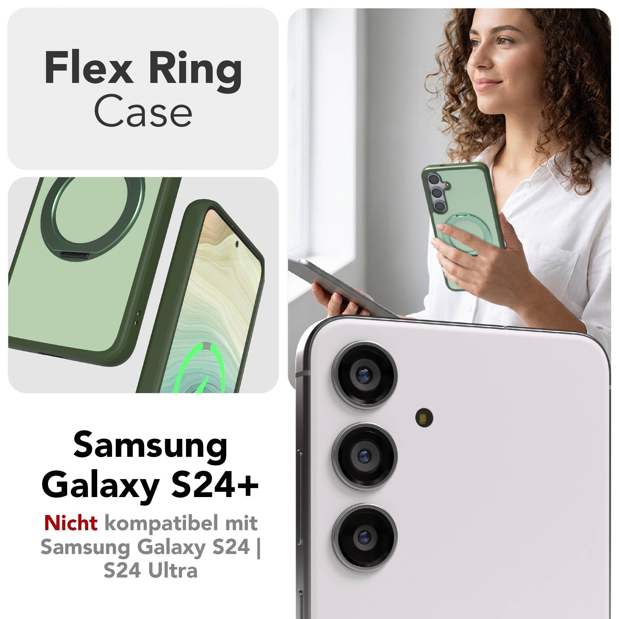 EAZY CASE Handyhülle Outdoor Galaxy S24 Plus Case mit MagSafe Rotation Ring 6,7 Zoll, Backcover Case mit Rotation Ring Outdoor Hülle aufstellbar Dunkelgrün