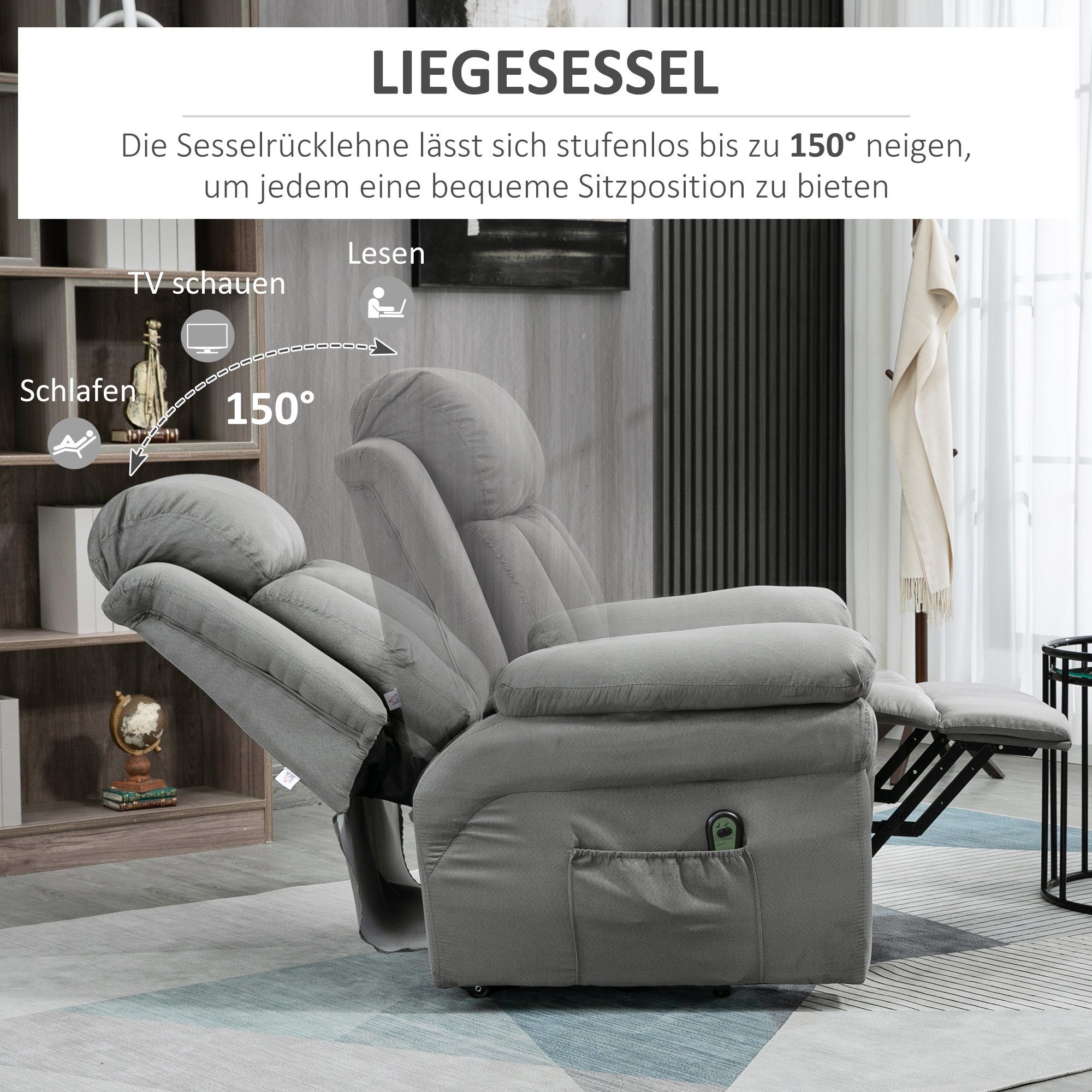 HOMCOM Relaxsessel Elektrischer Aufstehsessel, Fernsehsessel bis (Ruhesessel, mit Seitentasche 1-St., Belastbar TV-Sessel), kg 130