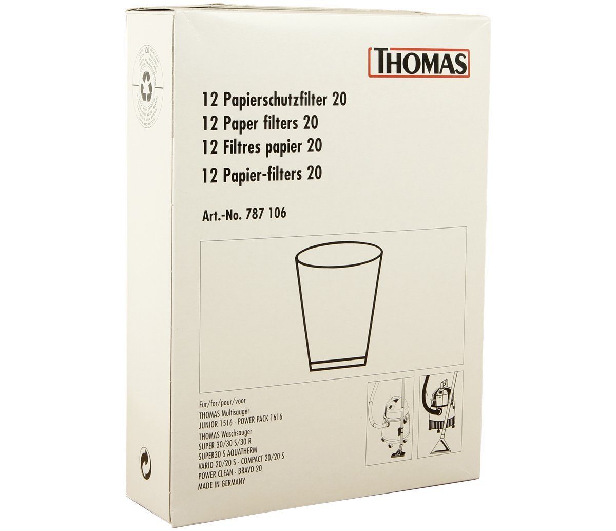 Thomas Staubsaugerbeutel Papierschutzfilter 20, passend für THOMAS Junior 1516, Power Pack 1616, Super 30/30 S/30 R, Vario 20/20 S, Compact 20/20 S, Power Clean, Bravo 20, 12 St., 787106