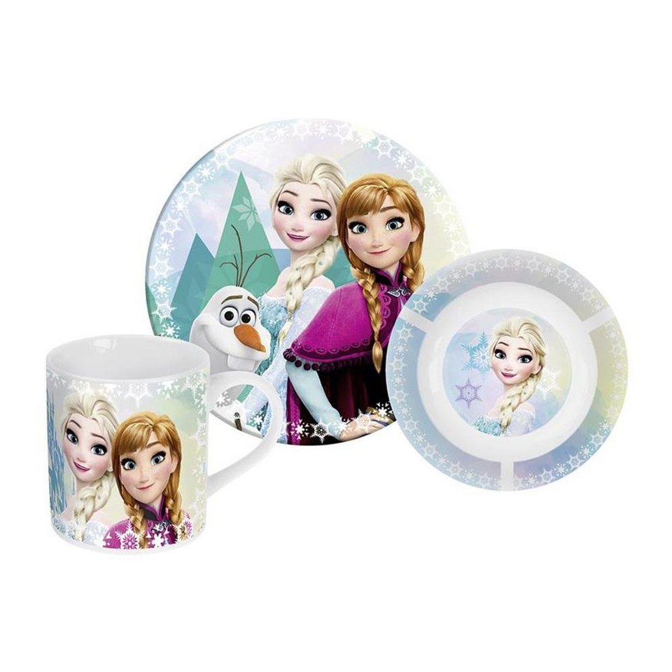 Schüssel Tasse, Porzellan, Frozen und Geschenkkarton Kindergeschirr-Set Teller, im (3-tlg), p:os mit