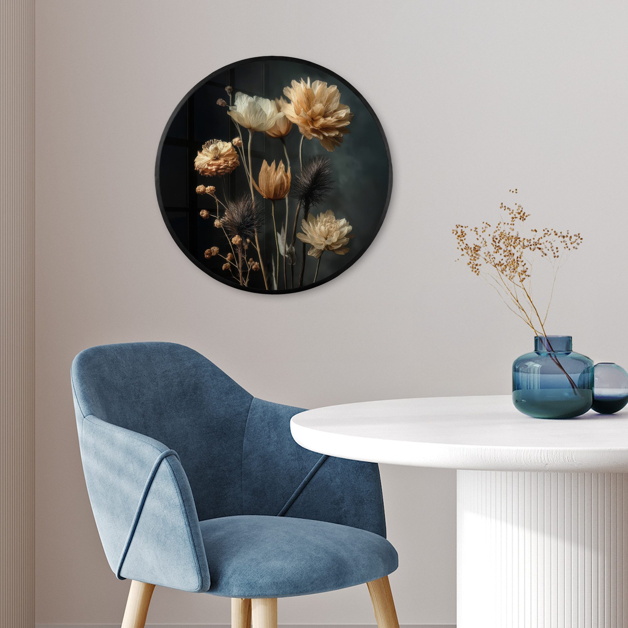 MuchoWow Poster Rund - Blumenstrauß - Blumen - Licht - Schwarz, (1 St), Runde Wandbilder, Deko für Wohnzimmer und Schlafzimmer, 40x40 cm