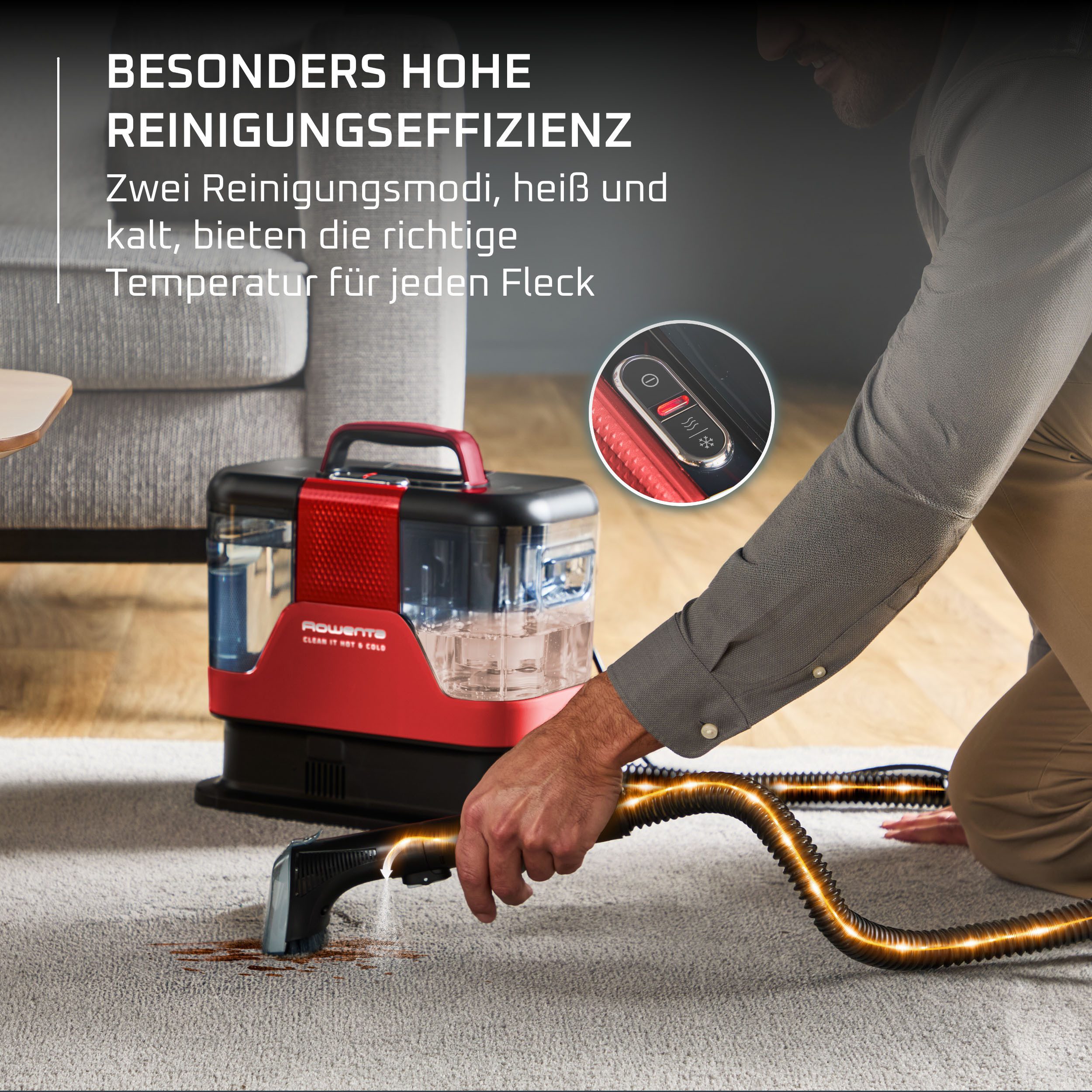 Rowenta Teppichreinigungsgerät Fleckenentferner IN7020, Clean It Hot & Cold, 1150 W, beutellos, PowerHeat 60 °C, 2,3 l/1,5 l Tanks, Auto‑Clean, Schmutzfänger-Aufsatz