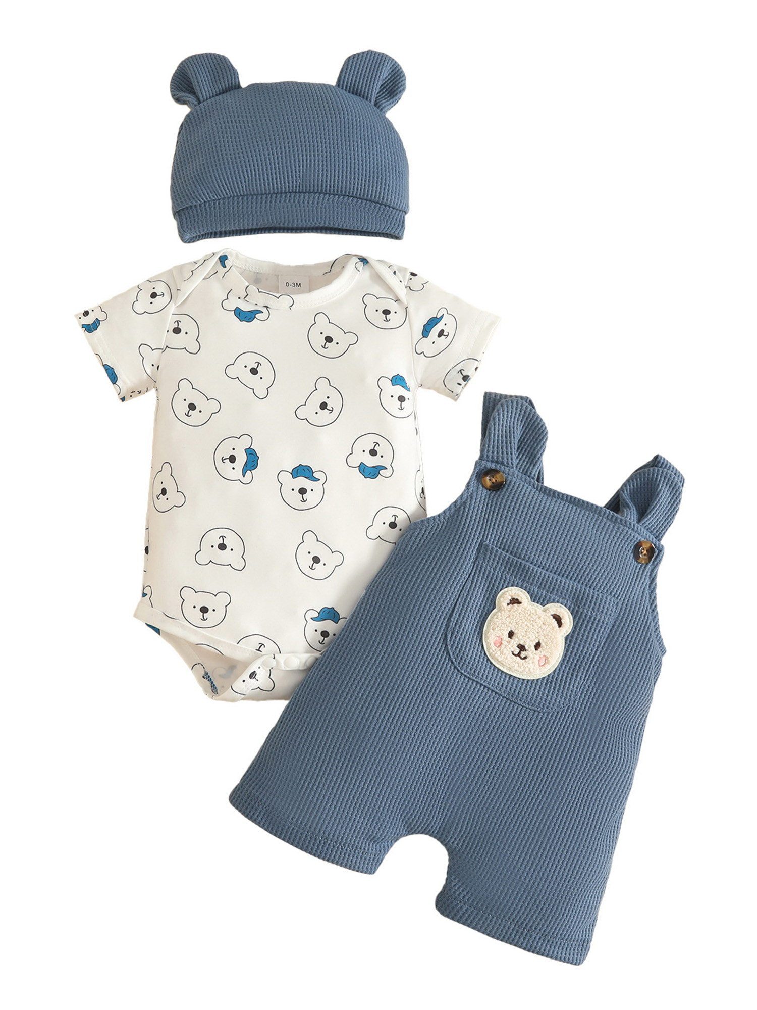 Lapastyle Strampler Baby Jungen Freizeitanzug, Sommer Set für Neugeborene mit Bärenabdruck (Set, 3-tlg) Kurzarmshirt & Latzhose & und Mütze, Niedliches Set, Festliche Kostüme