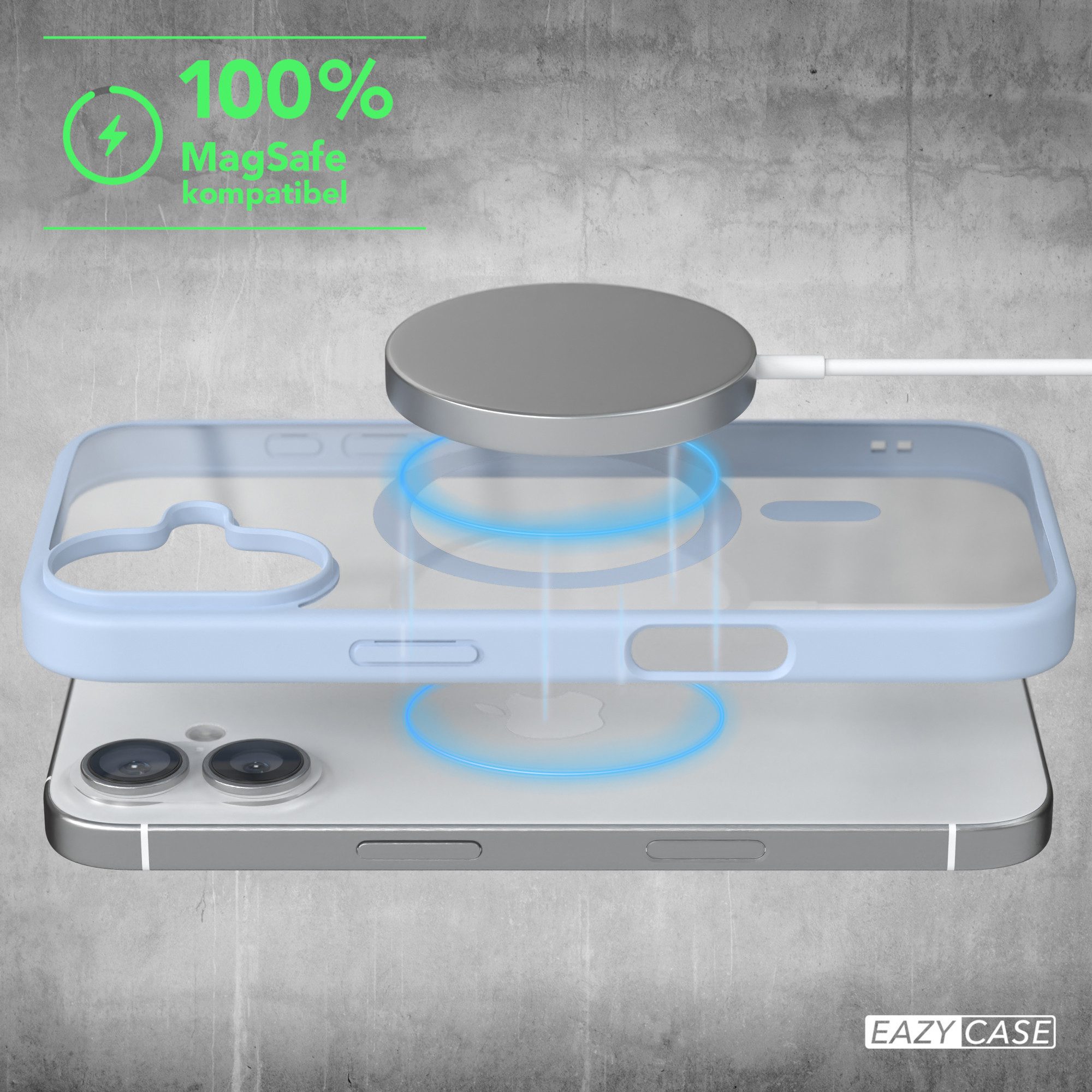 EAZY CASE Handyhülle Transparente Hülle mit MagSafe für iPhone 16 6,1 Zoll, Softcase, Schutzhülle mit Displayschutz, stoßfest, kratzfest, Hellblau