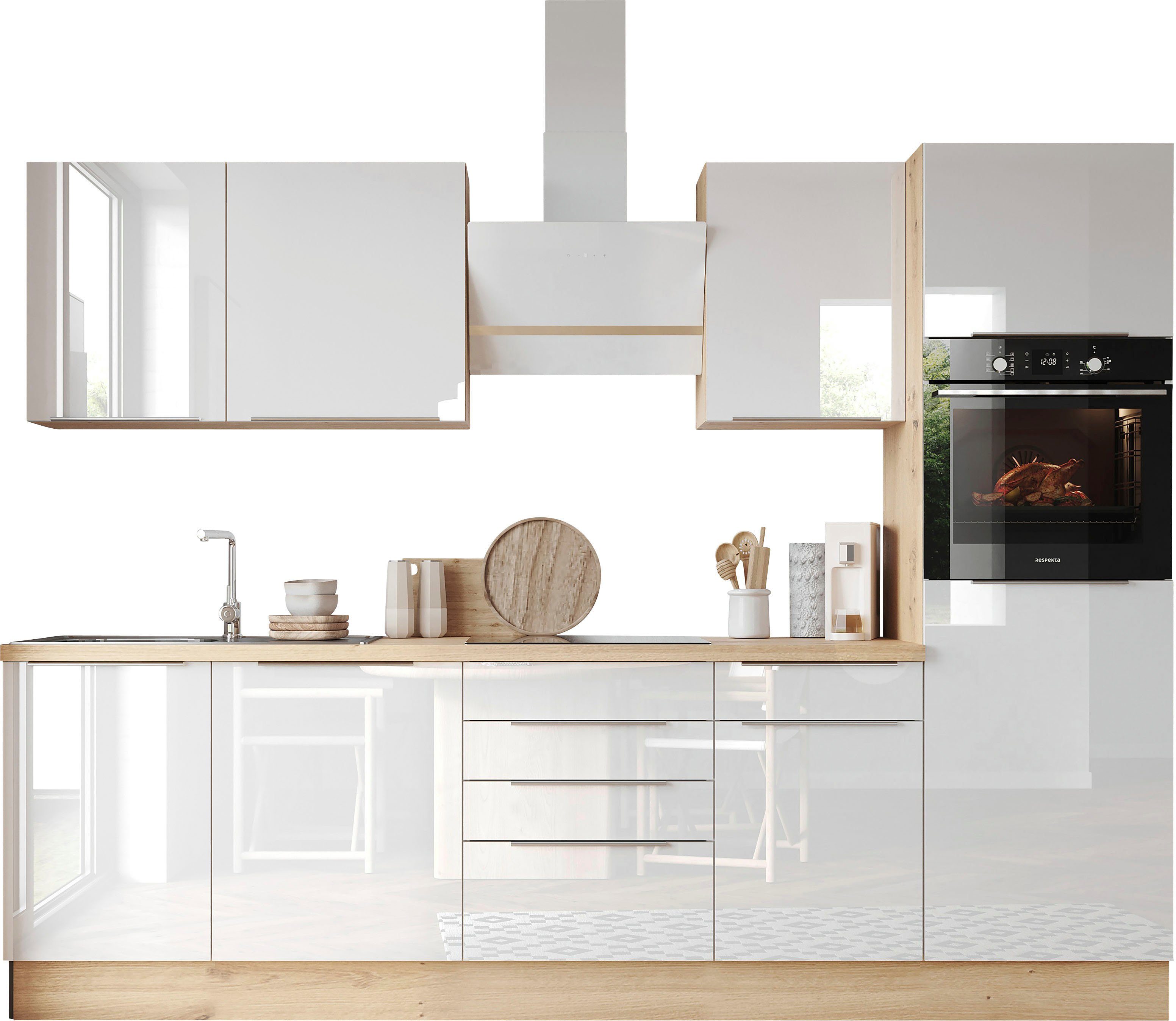 RESPEKTA Küchenzeile Safado aus der Serie Marleen, Breite 280 cm, hochwertige Ausstattung wie Soft Close Funktion Weiß Hochglanz / Artisan Eiche | Weiß Hochglanz