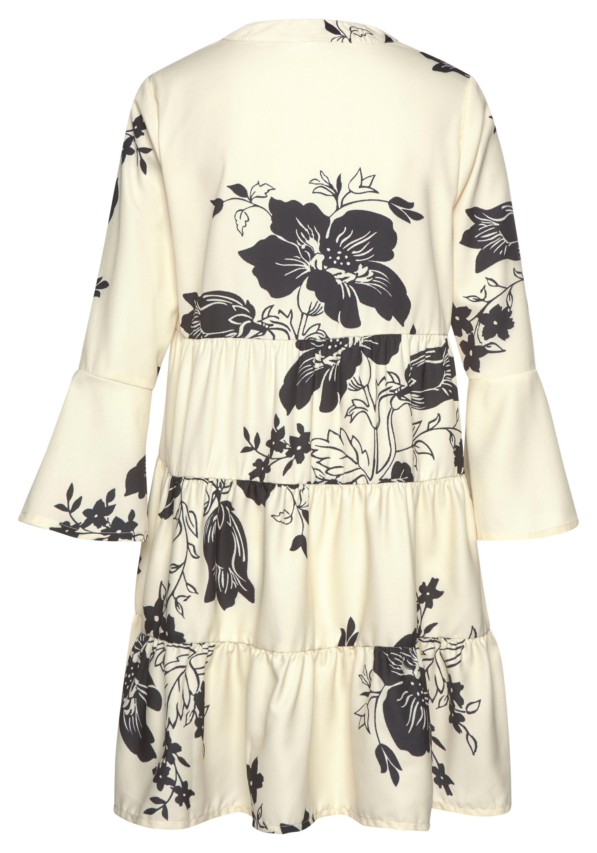 LASCANA Blusenkleid in weiter Form mit Volants und Blumenprint, Tunikakleid, Strandkleid