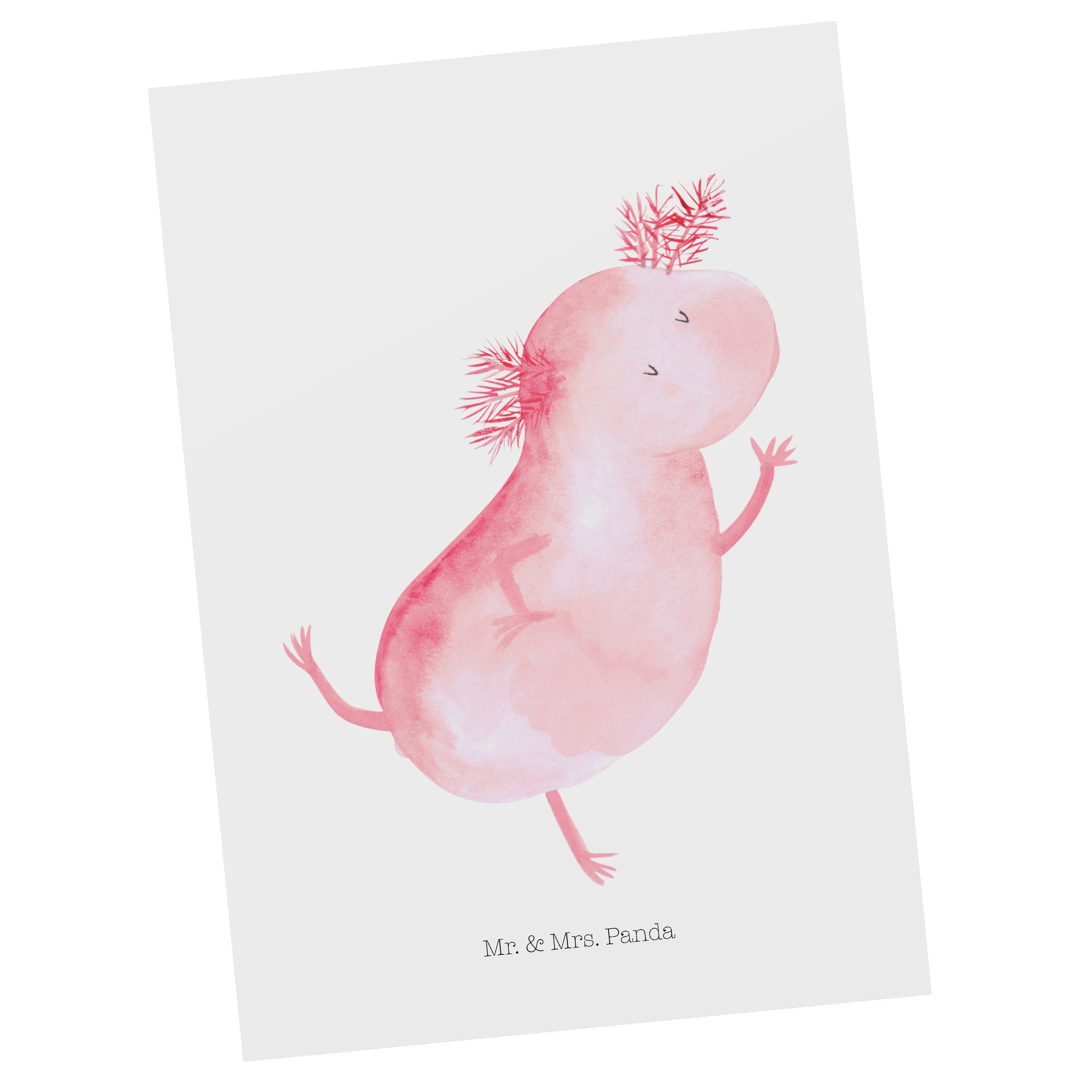 Mr. & Mrs. Panda Postkarte Axolotl tanzt - Weiß - Geschenk, Dachschaden, Freudig, Tanzen, Hüpfen