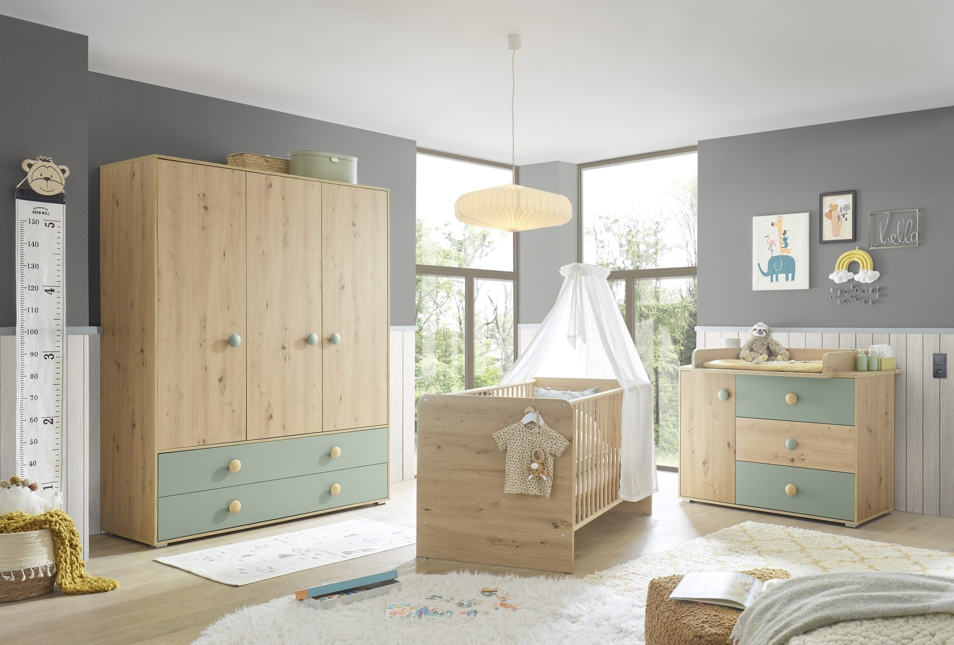 PREISBRECHER Babyzimmer-Komplettset Birta, (3-teilig) Artisan Eiche / Salbei, Schrank, Wickelkommode, Babybett