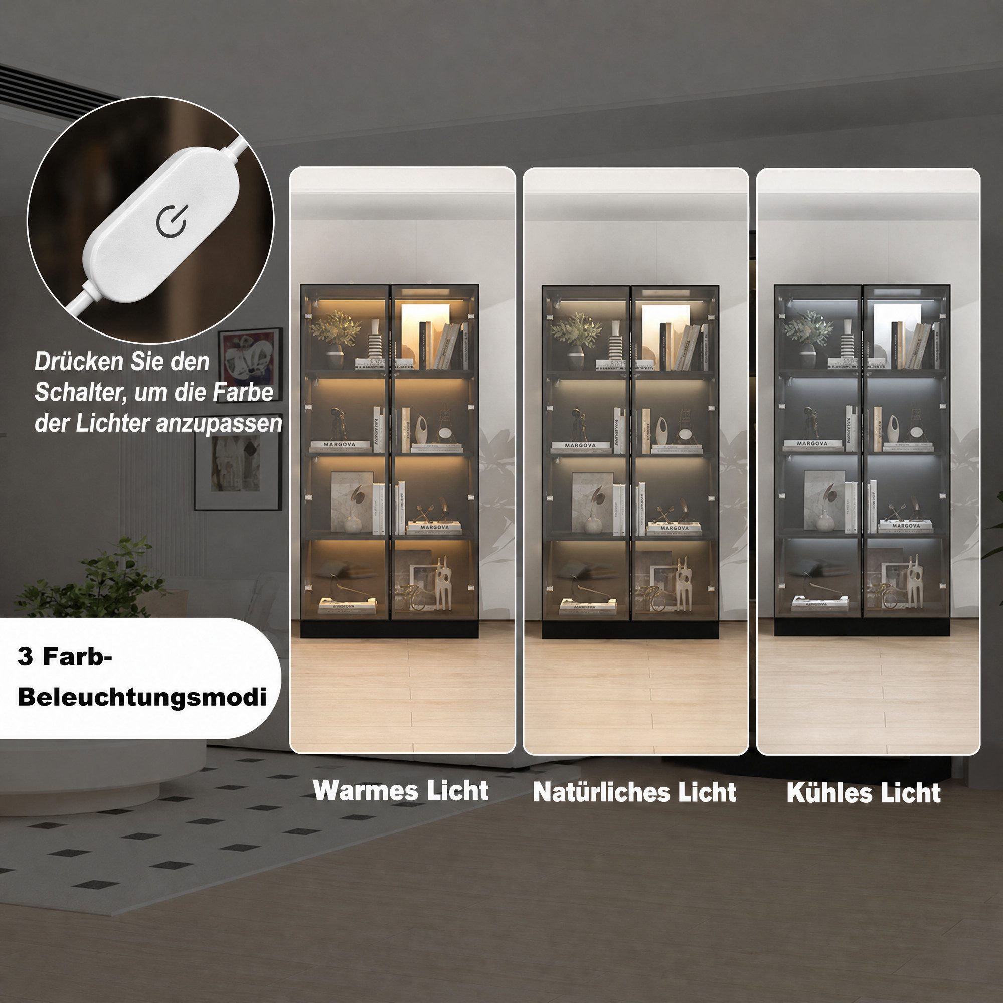 FUFU&GAGA Glasvitrine Vitrine mit Glastüren und LED-Beleuchtung, MDF+Glas, 80×40×160 cm – Bild 4 von 5