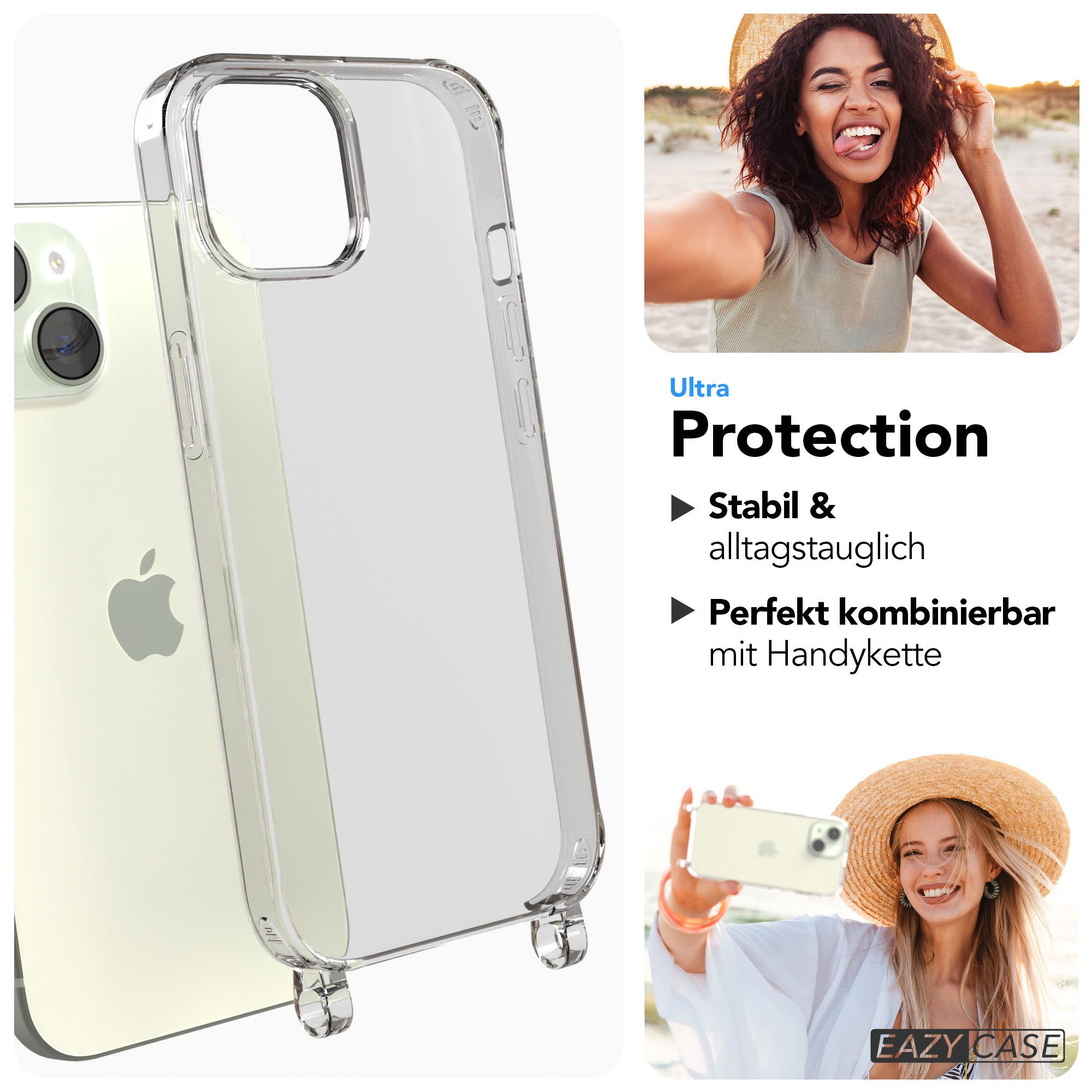 EAZY CASE Handykette Handyhülle für Handyketten mit Befestigungsösen für iPhone Modelle 6,1 Zoll, Hülle für Handykette, Transparent mit Ösen für Apple iPhone 15
