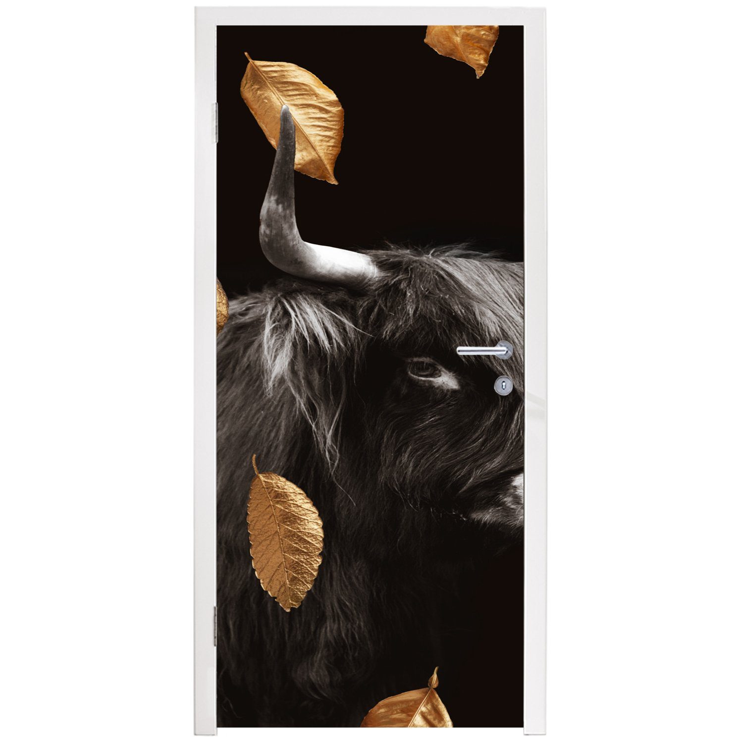 MuchoWow Türtapete Scottish Highlander - bedruckt, Türaufkleber, Fototapete St), cm Tür, Matt, Gold, Weiß (1 - 75x205 - Schwarz für