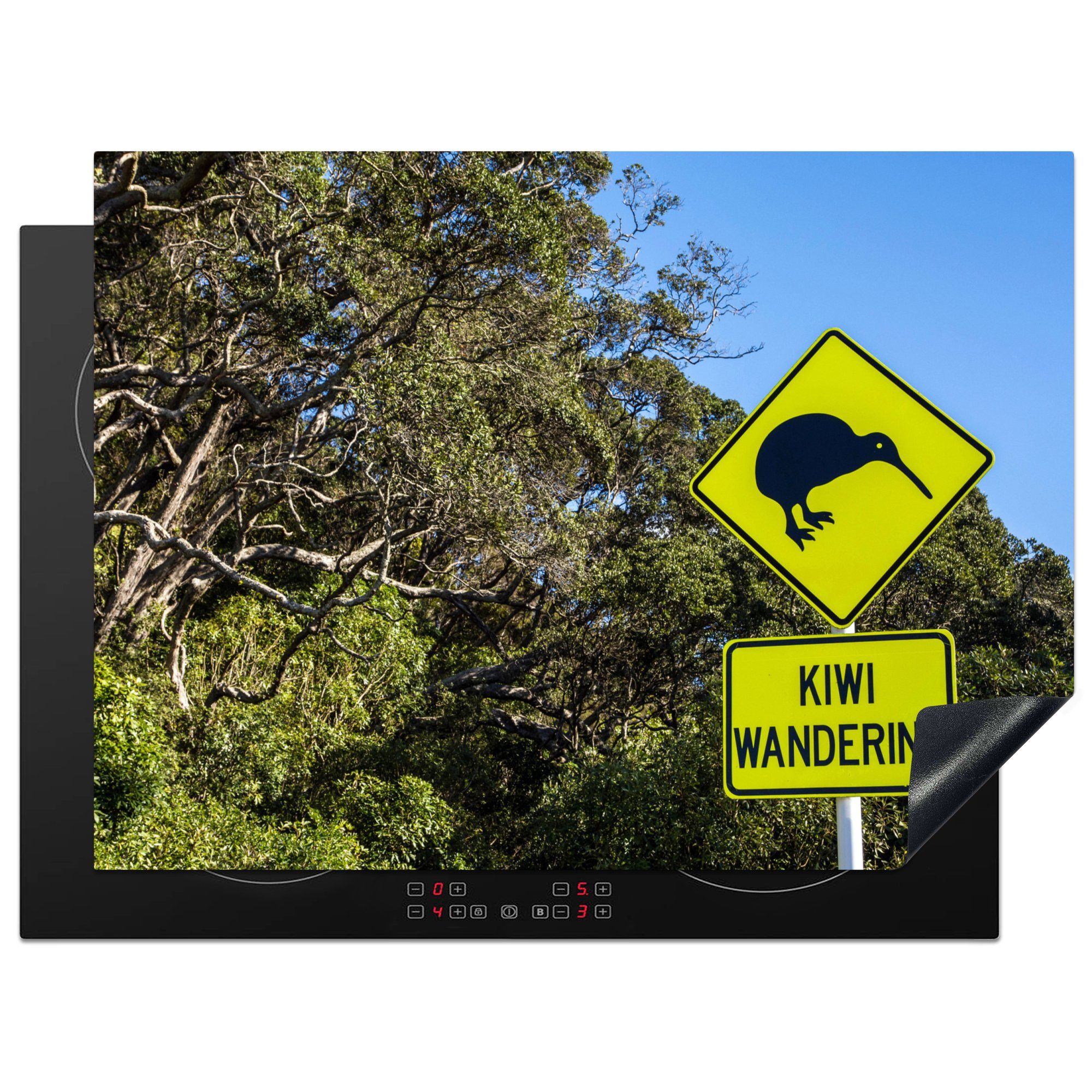 MuchoWow Herdblende-/Abdeckplatte Warnzeichen für den Kiwi-Vogel, Vinyl, (1 tlg), 70x52 cm, Mobile Arbeitsfläche nutzbar, Ceranfeldabdeckung