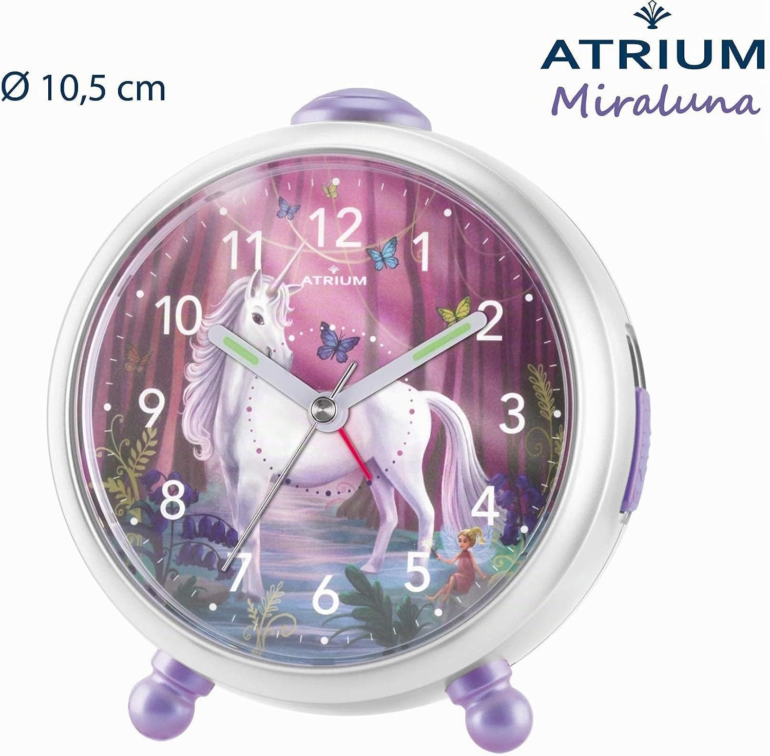 Atrium Kinderwecker A932-0 Miraluna Analog Quarz leise Licht Snooze Mädchen Einhorn Lila Geschenk Ø10,5cm – Bild 3 von 5