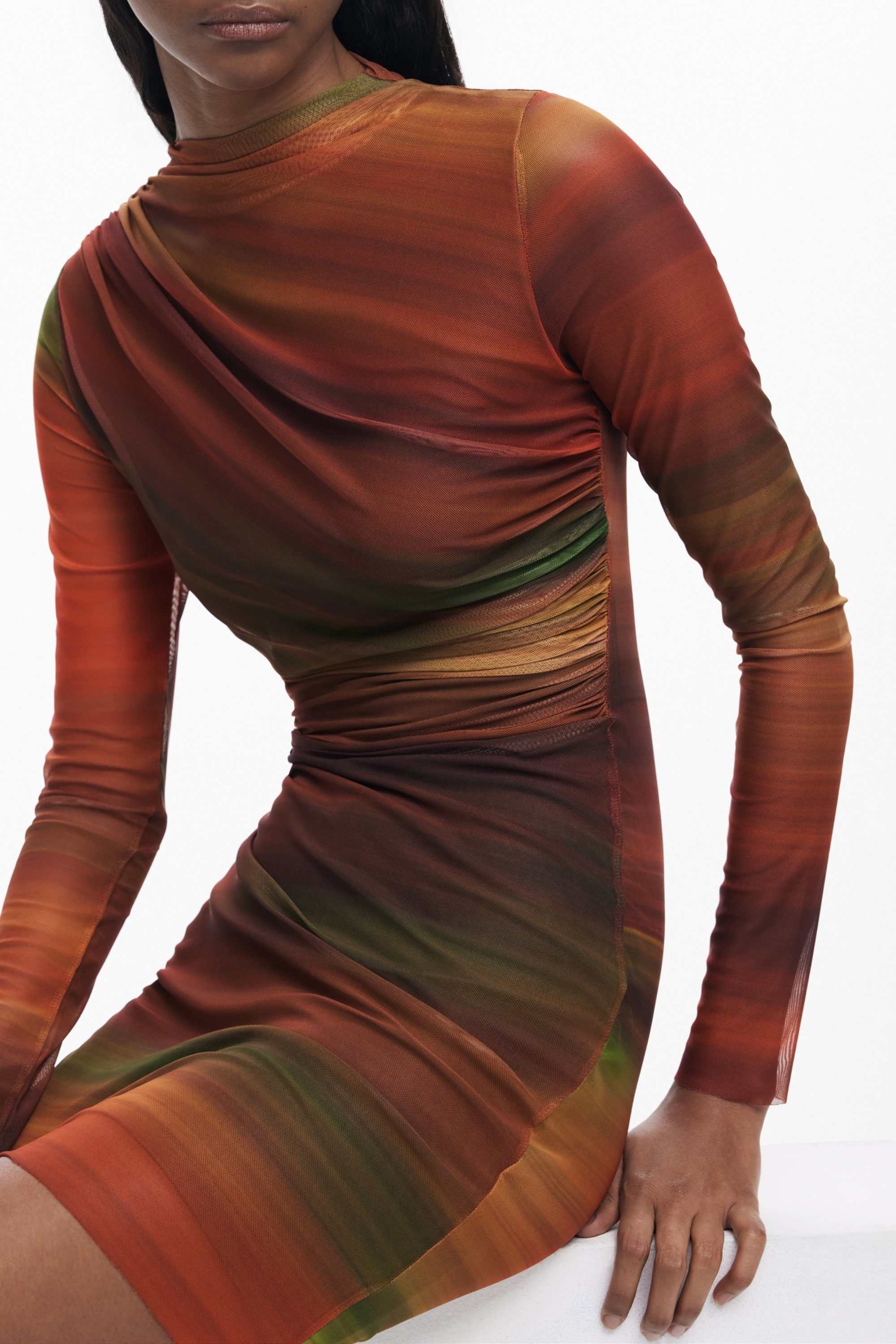 Desigual Partykleid Kurzes Damenkleid Orange mit Kontrastdetails und Langarm-Design