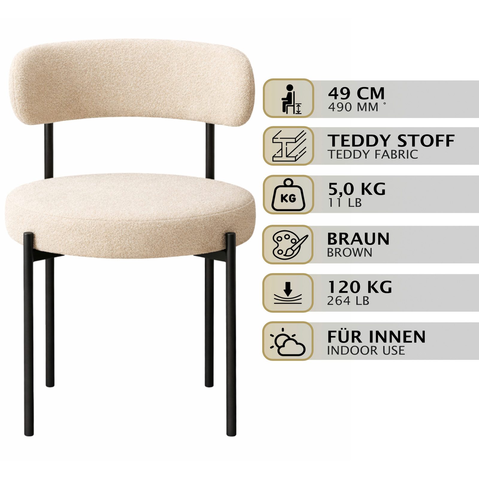 HAGO Esszimmerstuhl 2er Set Küchenstühle Esszimmerstühle Teddy Stoff Rückenlehne rund – Bild 2 von 5