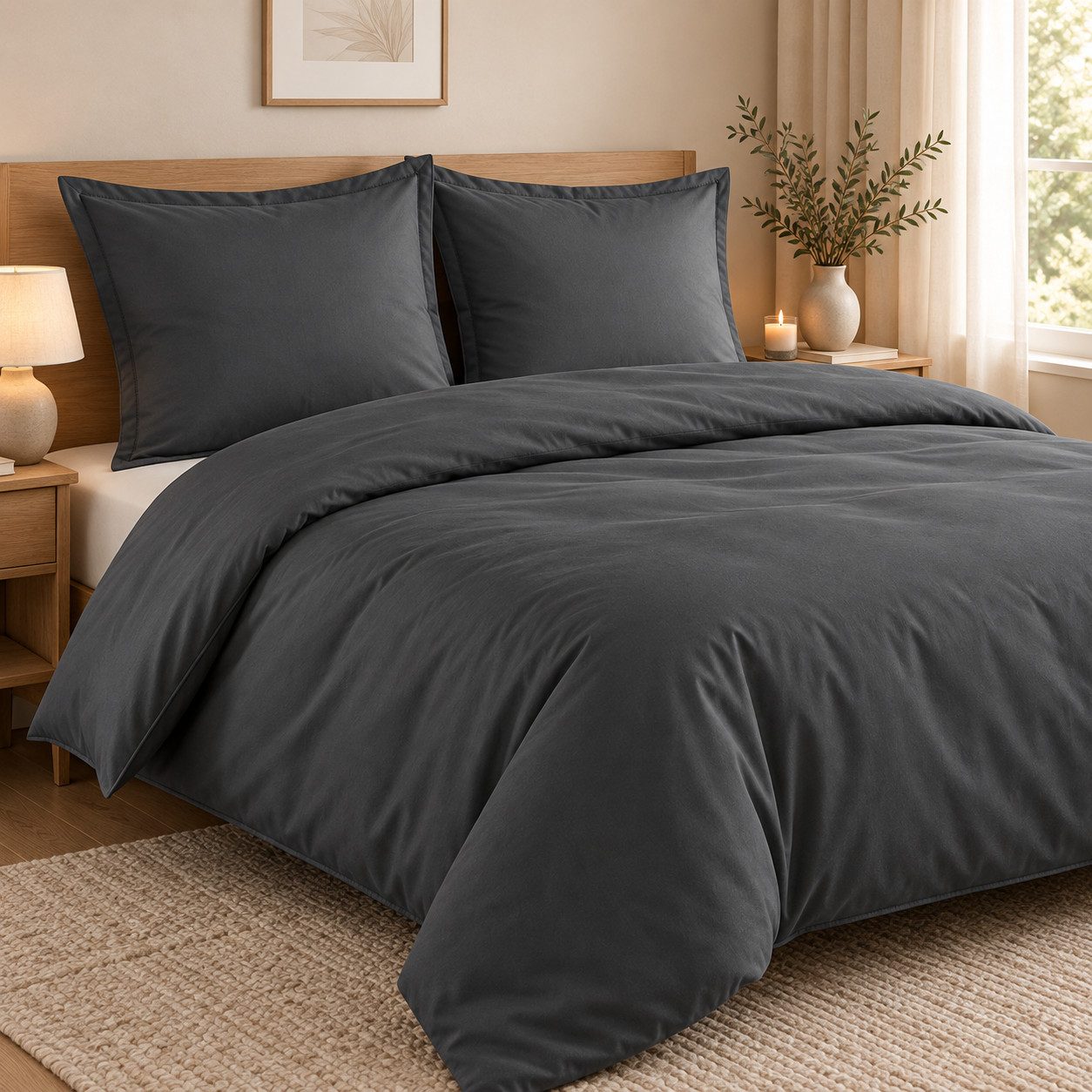 soma Bettwäsche Baumwoll-Set mit Stehsaum, 135x200 + 80x80 cm, Anthrazit, Baumwolle, 2 teilig, 100% Baumwolle, weiche Musselin-Struktur, pflegeleicht – Bild 3 von 5