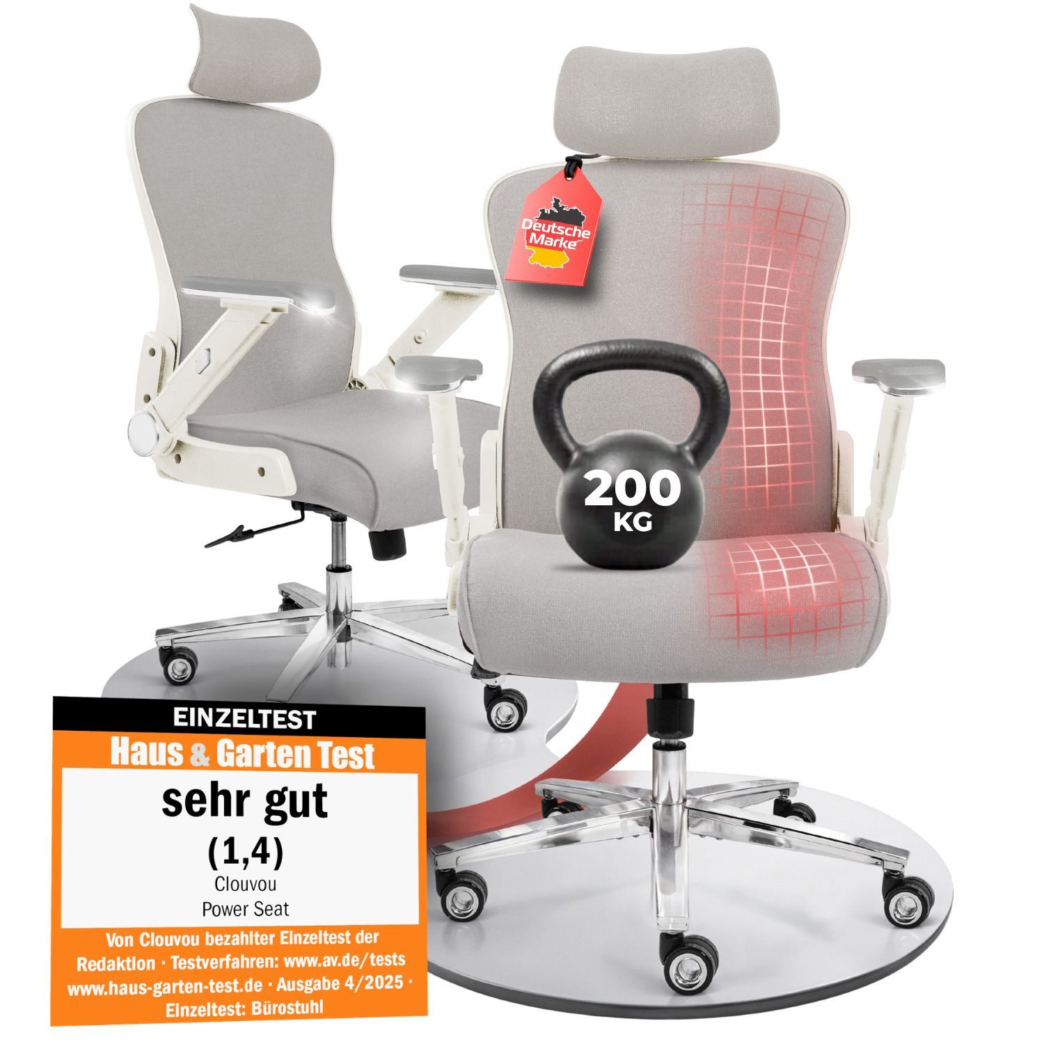 CLOUVOU Bürostuhl Ergonomisch, Schreibtischstuhl bis 150 kg - Testsieger (PowerSeat - Chefsessel für Arbeitszimmer, 5D Gaming Armlehnen), Blade Wheels, Homeoffice, Gaming Stuhl, Drehstuhl), Blade Wheels, Homeoffice, Gaming Stuhl, Drehstuhl