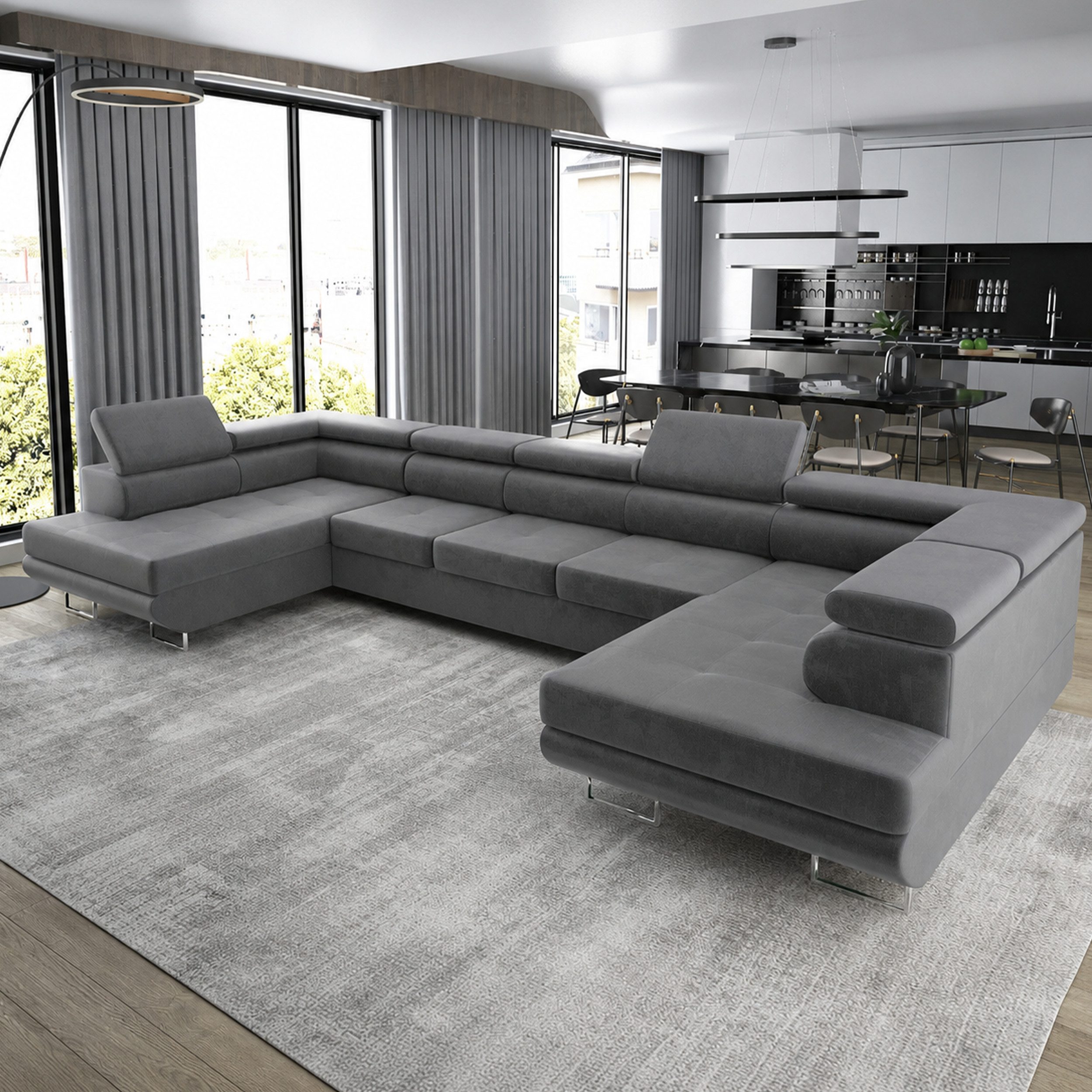Goldstoff Wohnlandschaft "ASTON" U Form mit Schlaffunktion XXL Couch Sofa, Komfortable U Form Couch mit Bettkasten und Schlaffunktion 1 Teile, U Form Sofa mit Bettkasten moderne Wohnlandschaft Couch XXL