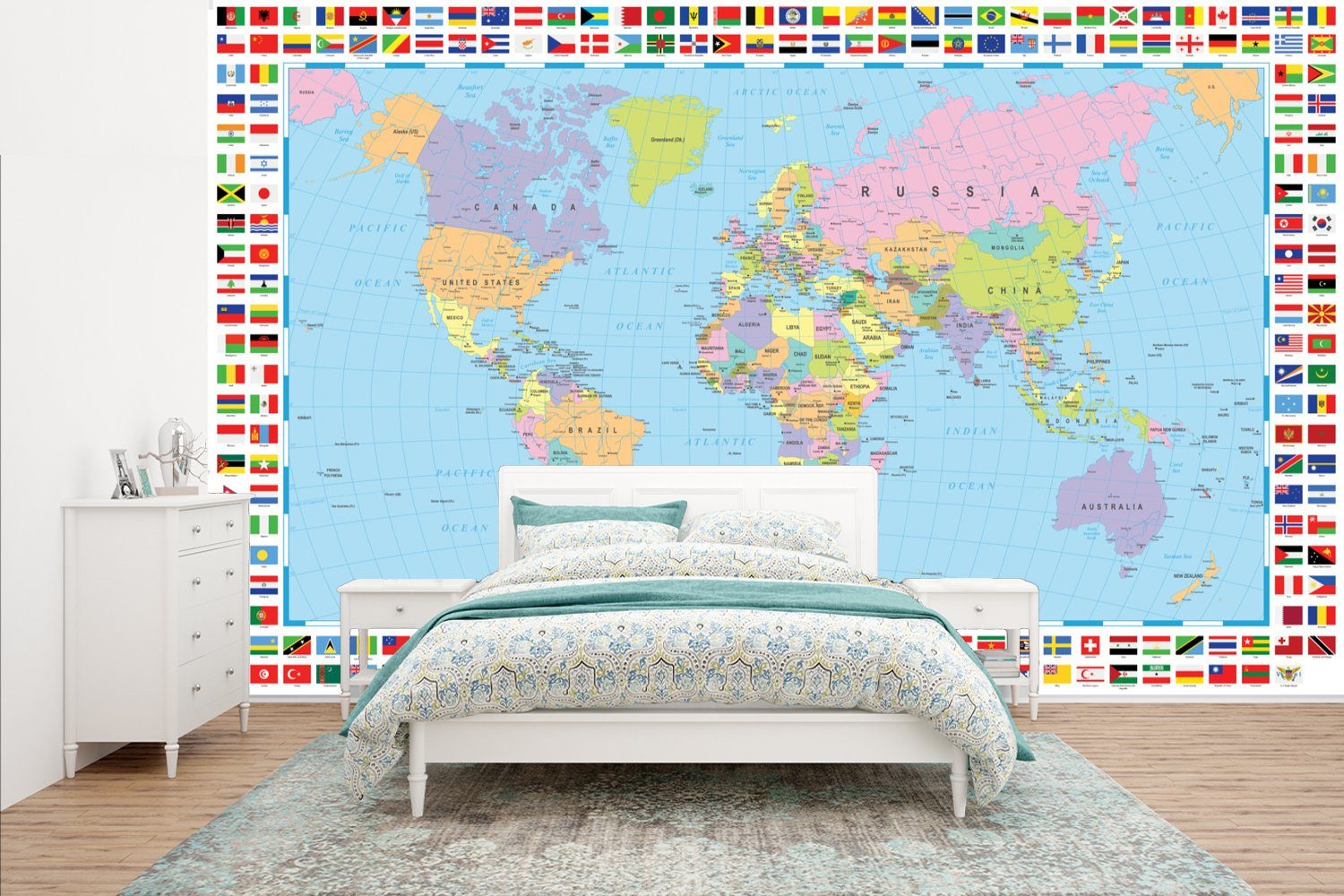 MuchoWow Fototapete Welt - Karte - Flagge - Farben, Matt, bedruckt, (8 St), Wallpaper für Wohnzimmer, Schlafzimmer, Kinderzimmer, Vinyl Tapete