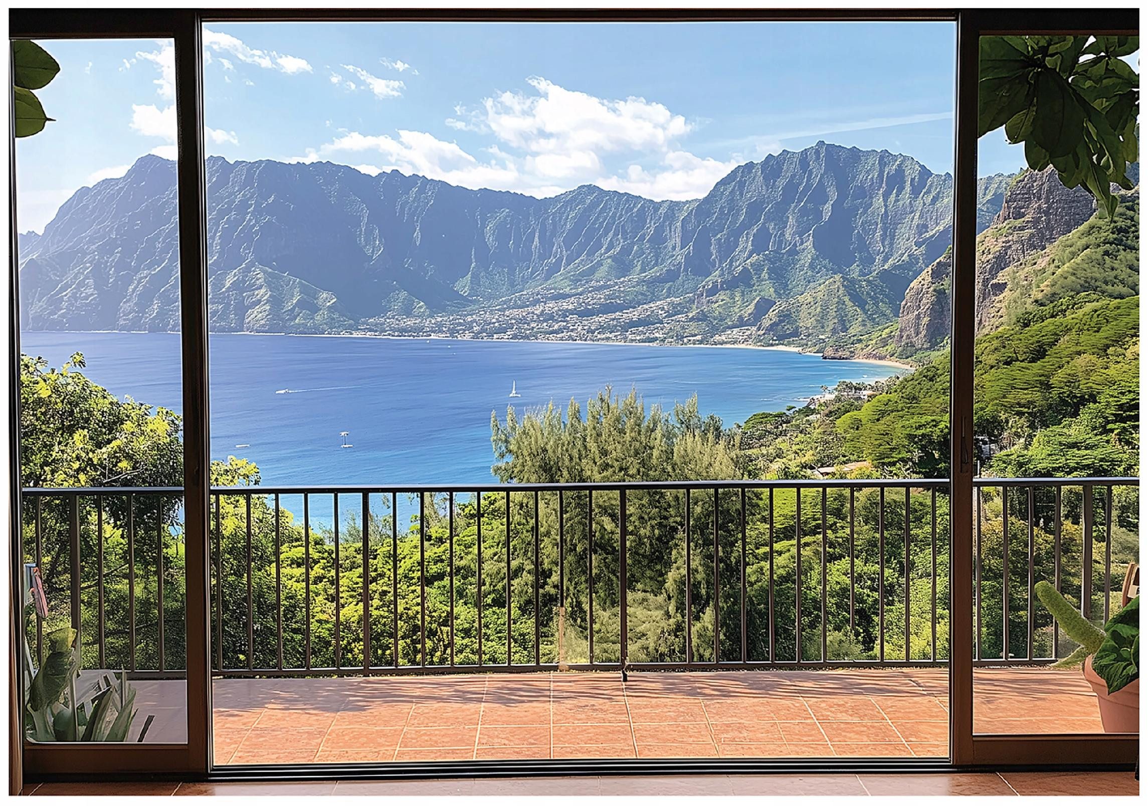 Wallarena Fototapete auf Meer und Berge in Blau, glatt, floral, 3D-Optik, (6 St), Tapetenkleister und Montageanleitung inklusive 300x210cm