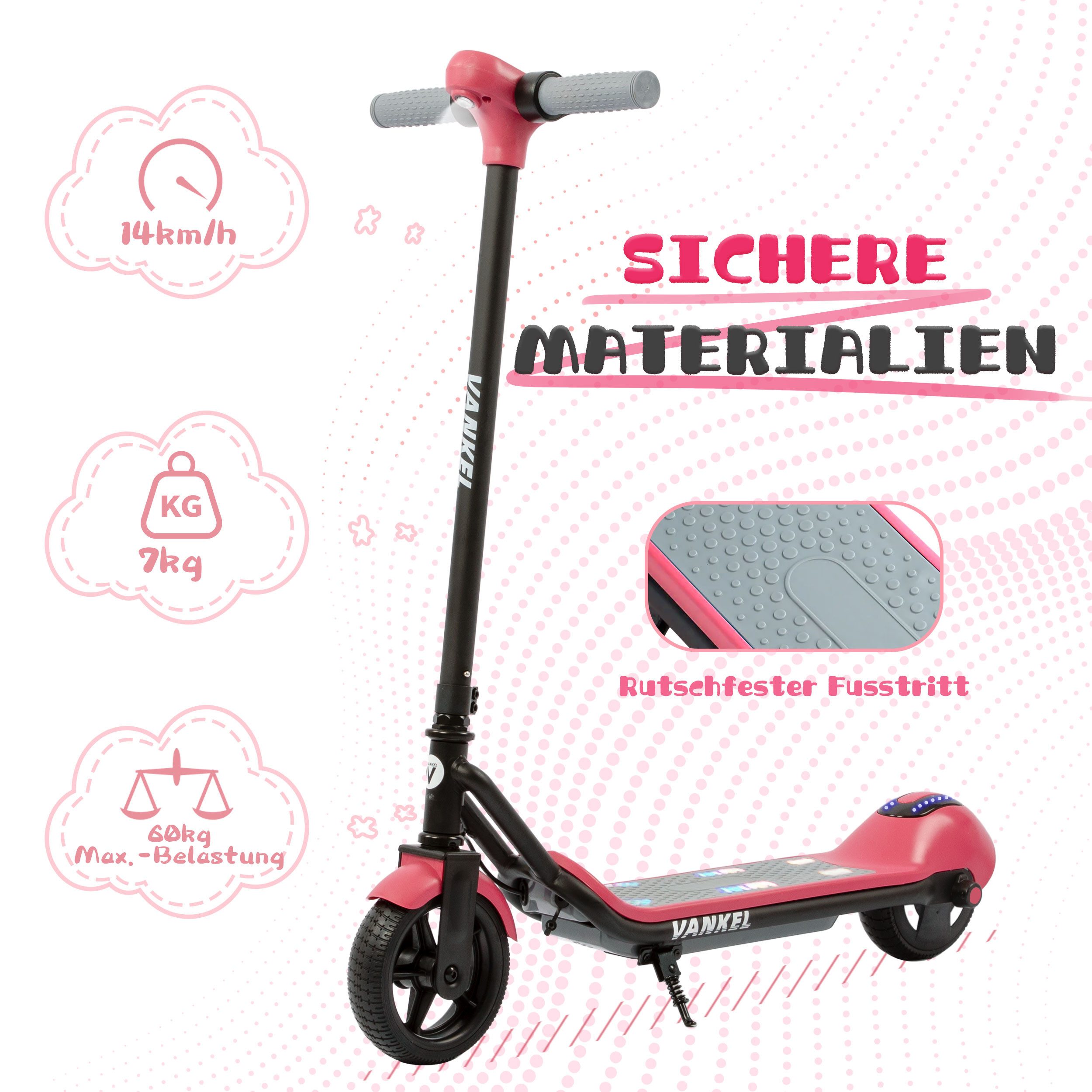 Vankel Elektro-Kinderroller Cityroller, E Scooter für Kinder, 6-12 Jahre, Bluetooth+Bunte Lichter, 14km/h, bis zu 10km, nur 7kg, Tragfähigkeit 60 kg