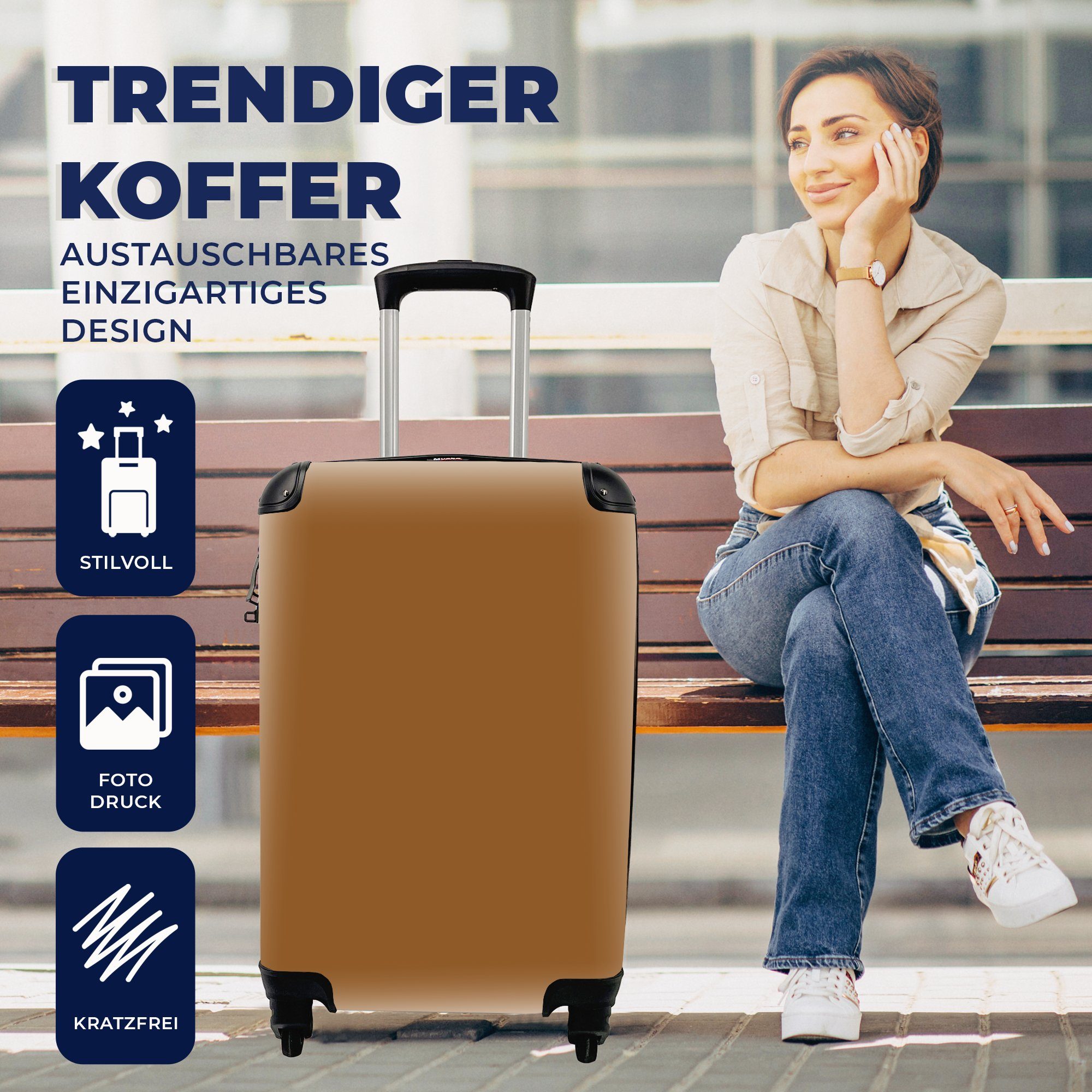 Ferien, Erdton rollen, Rollen, MuchoWow Reisetasche Handgepäck mit - Braun Reisekoffer Unifarben, für - 4 Handgepäckkoffer Trolley,