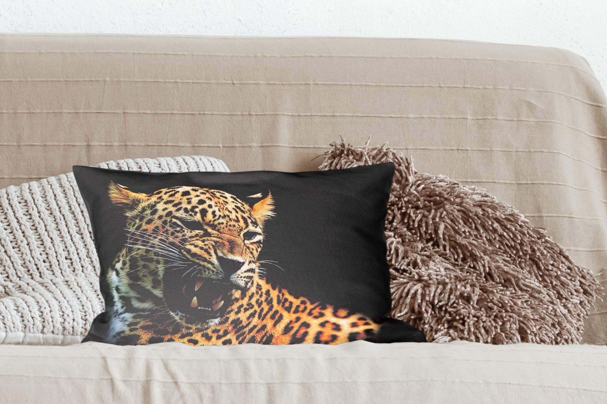 Zierkissen, Schwarz, Dekokissen Schlafzimmer Tiere - Leopard Dekokissen - Wohzimmer Füllung, MuchoWow mit Dekoration,