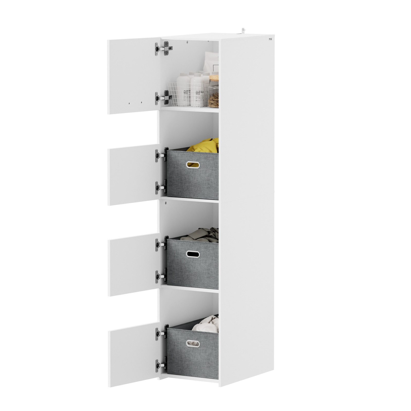 SoBuy Kleiderschrank BZR232, Hochschrank mit 4 Türen, Mehrzweckschrank Garderobenschrank (1er Set) Kleiderschrank, mit 3 offenen Fächern und 3 Stoffboxen für Waschküche