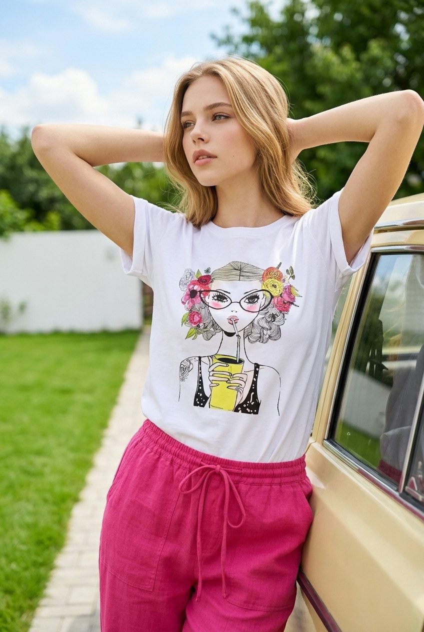 Zuckerwatte Print-Shirt Rundhalsshirt mit Boho Frontdruck aus 100% Baumwolle