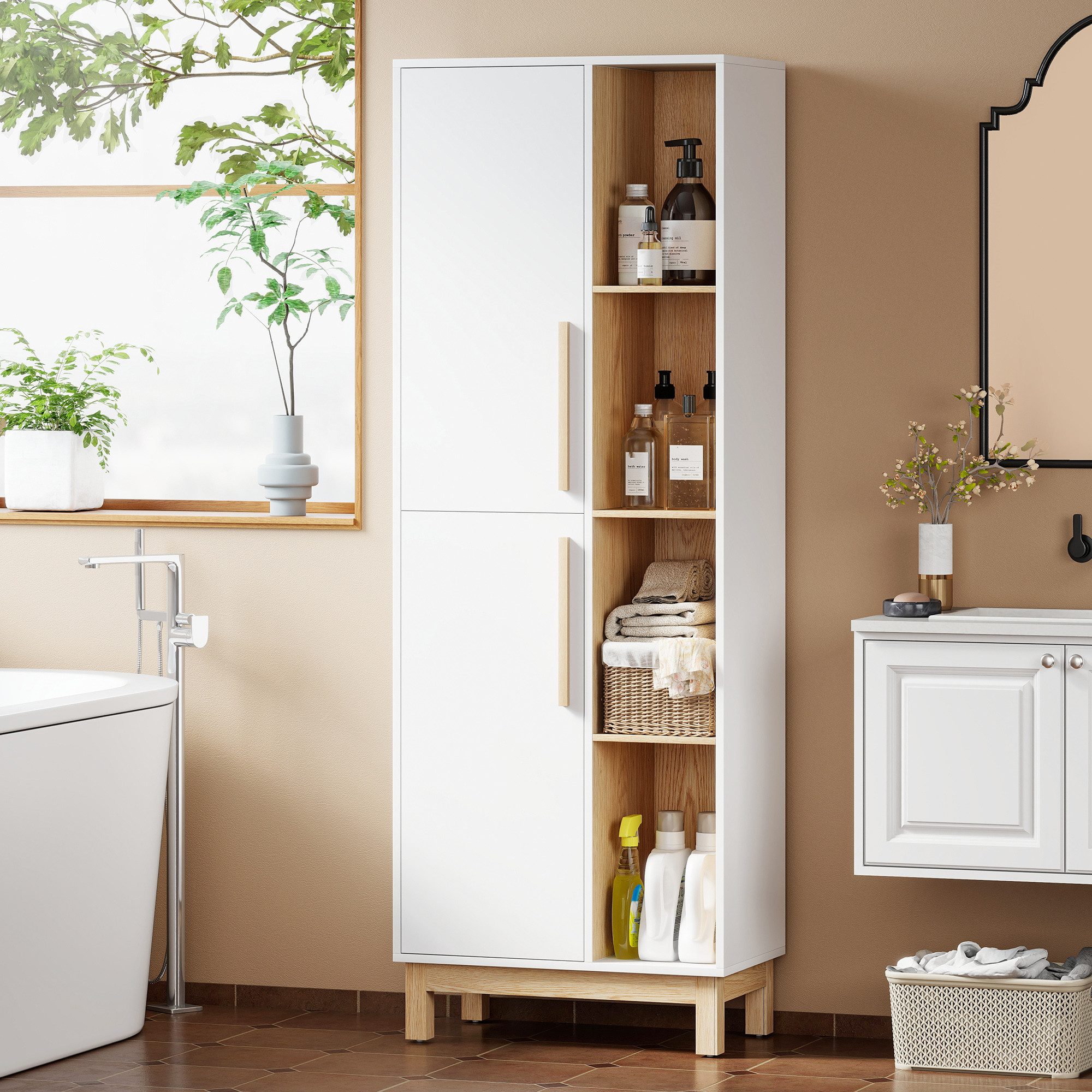 HOMCOM Badkommode Hochschrank, mit 2 Türen, verstellbaren Regalen, für Badezimmer (Badschrank, 1 St., Badezimmerschrank), für Wohnzimmer, Büro, Weiß+Naturholz
