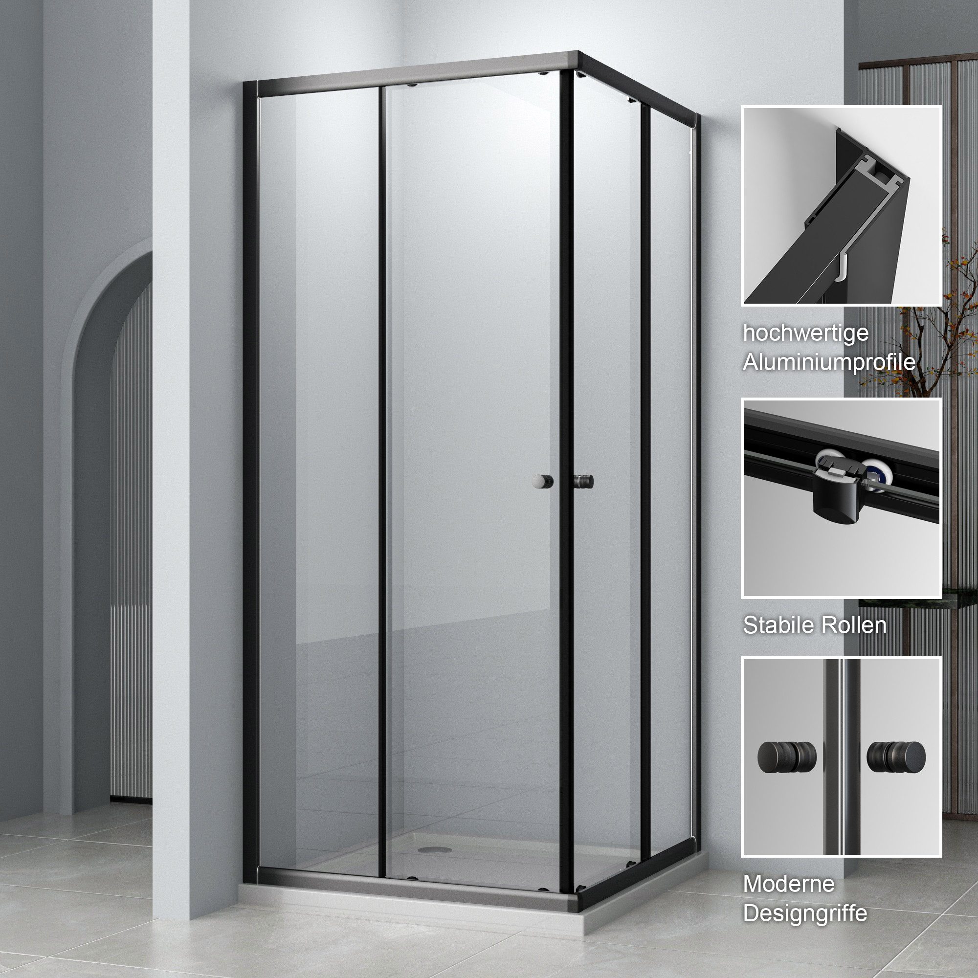 Hopibath Eckdusche Duschkabine Schwarz 80x80 100x100 100x80, BxT: 80x75 cm, 5mm ESG, Eckeinstieg, mit Magnetdichtleisten, Aluprofile mit 20mm Verstellbereich