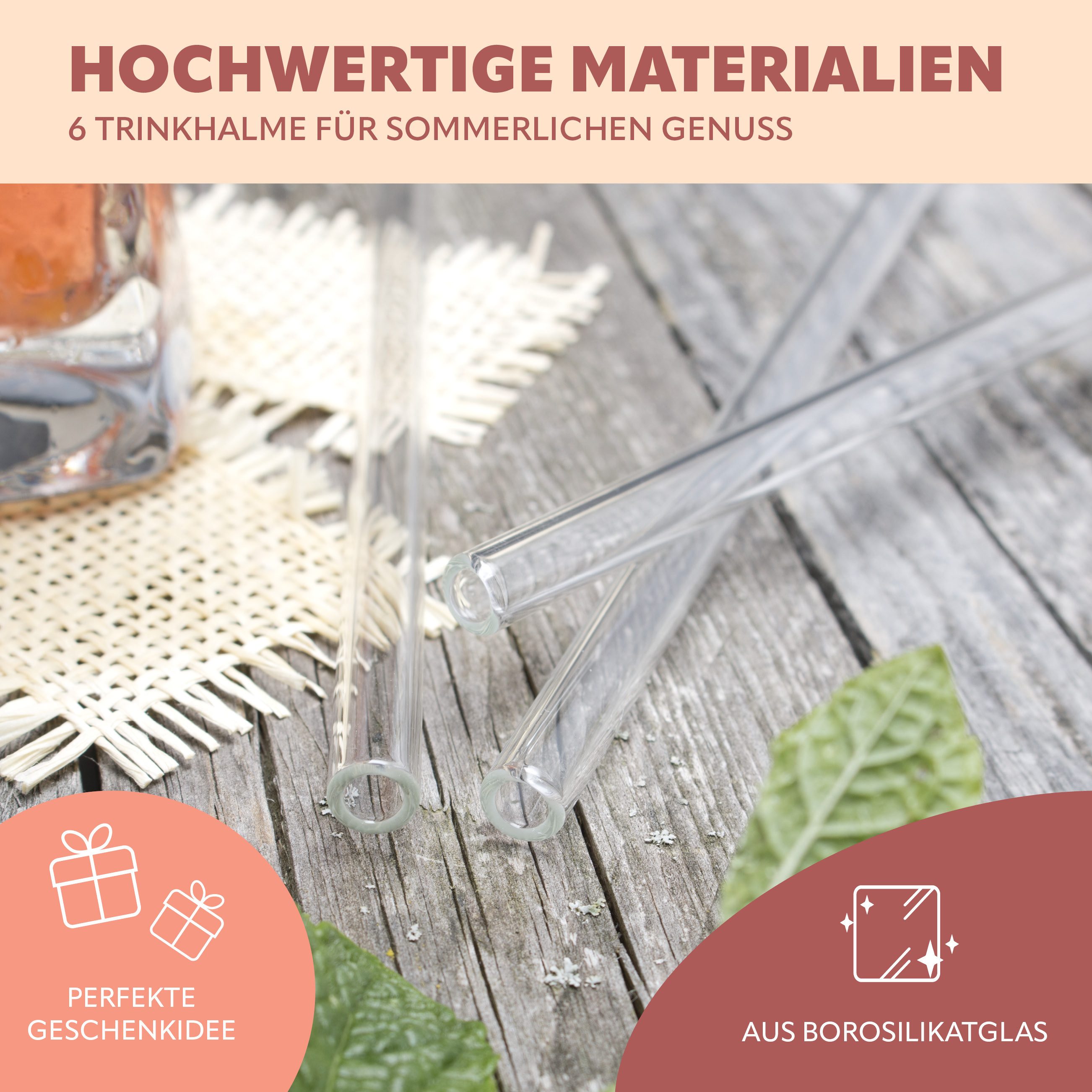bremermann Trinkhalme 6er Glas-Trinkhalme, 25 cm Länge, wiederverwendbar, transparent inklu