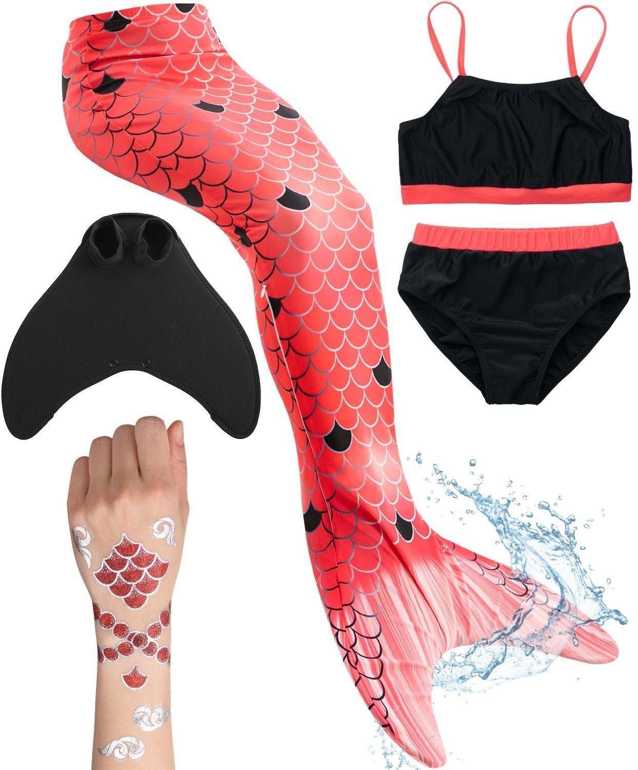Corimori Monoflosse Meerjungfrauenflosse mit Bikini und Tattoos, Merjungfrauen Schwimmflosse mit Bikini Set