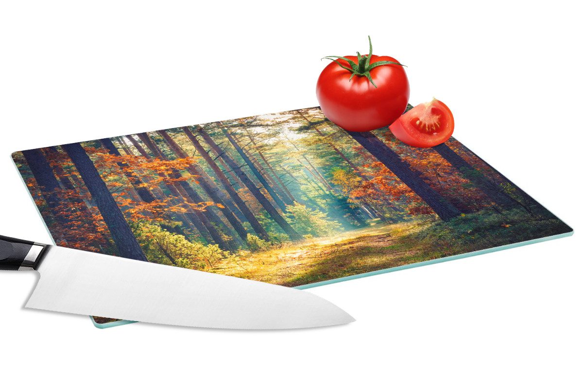 MuchoWow Schneidebrett Wald - Sonne - Natur - Herbst, Glas, Schneidebrett Glas, Küchenbrett, Rutschfest, 28x20 cm