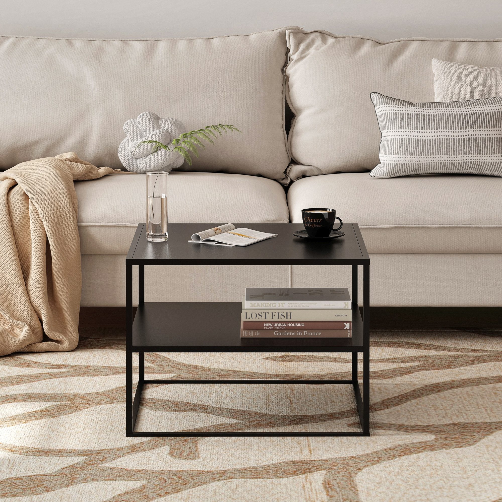 en.casa Couchtisch, »Solund« Beistelltisch mit Ablage 60x60x45 cm Schwarz, matt