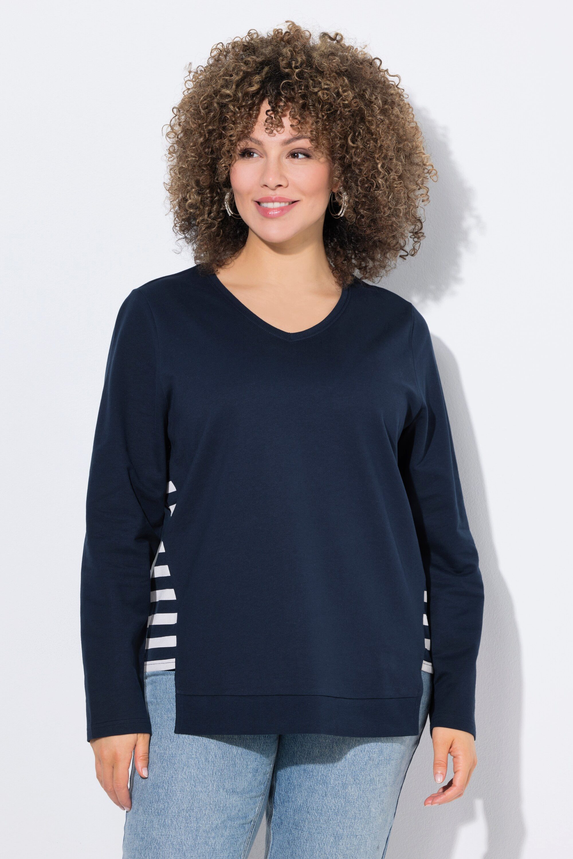 Sweatshirt Sweatshirt Streifen A-Linie V-Ausschnitt Langarm