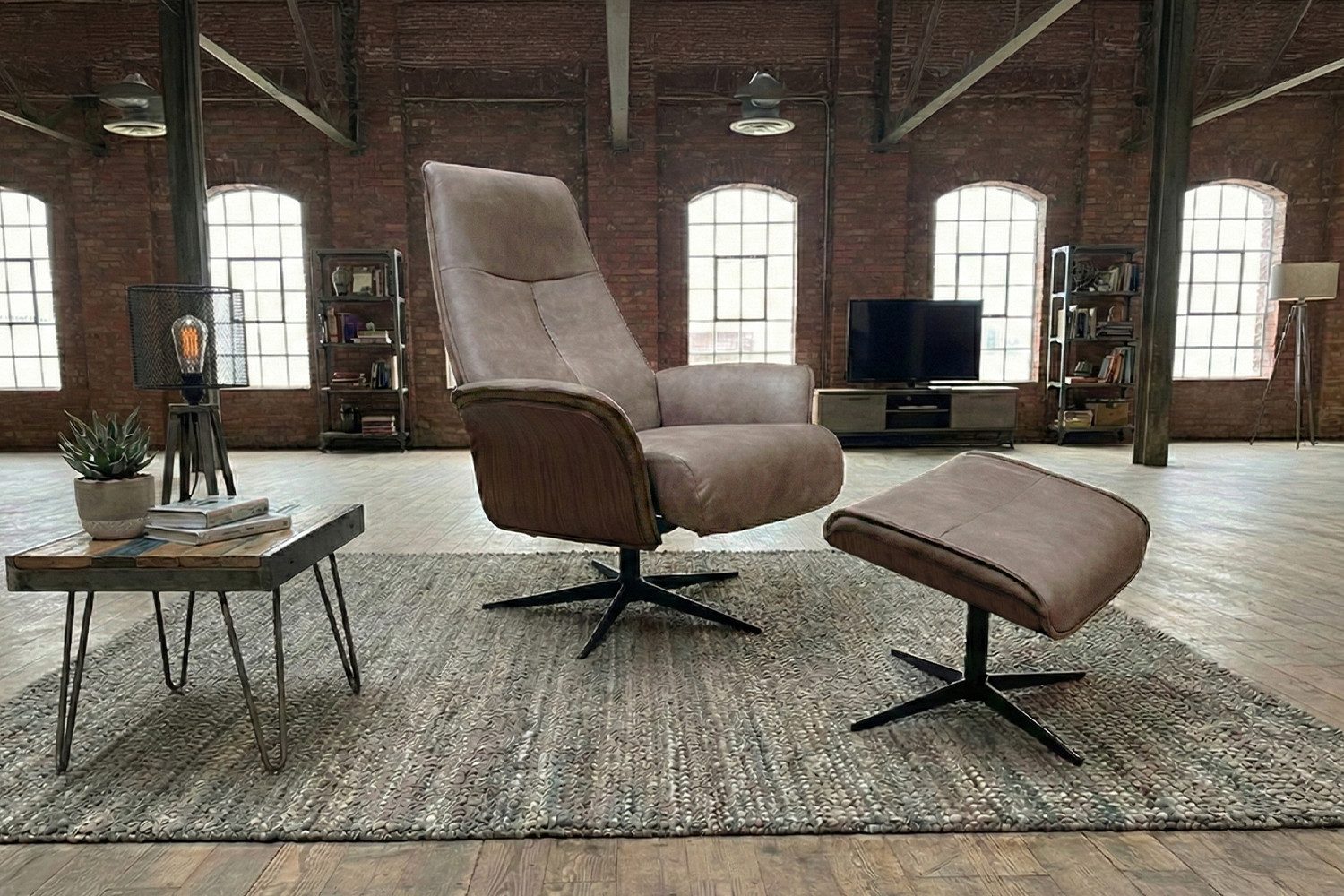 KAWOLA Relaxsessel FERREIRA Lederfaserstoff anthrazit Komfort Drehsessel, 360° drehbar, Relaxfunktion, Kopfstütze, inklusive Fußhocker